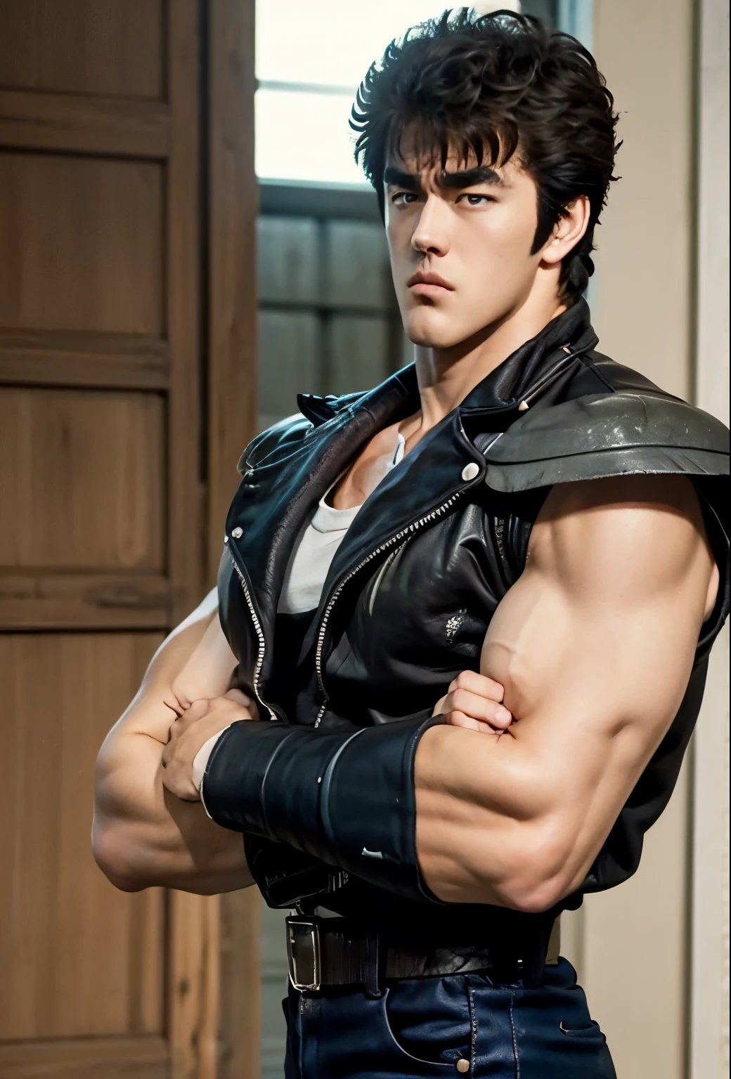 (( Kenshiro's Hairstyle , Short messy hair)), Brown Hair, thick eyebrows,(( arm-crossed))