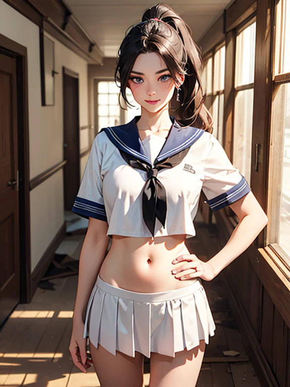 (((toppless))), (((sheer sailor shirt , Sleeveless ))), (((Show off cleavage))), (((Large breasts))), (((Open front))), (((Sheer Micro Mini Skirt))), Detailed beautiful eyes, (((Sunny))), extremely detailed CG unified 8k wallpaper, very fine 8KCG wallpaper, (masterpiece, Best Quality), High resolution, Ultra-detailed, ultra-sharp, 1 girl, Naked, (((Sheer Micro Mini Skirt))), perfecteyes eyes