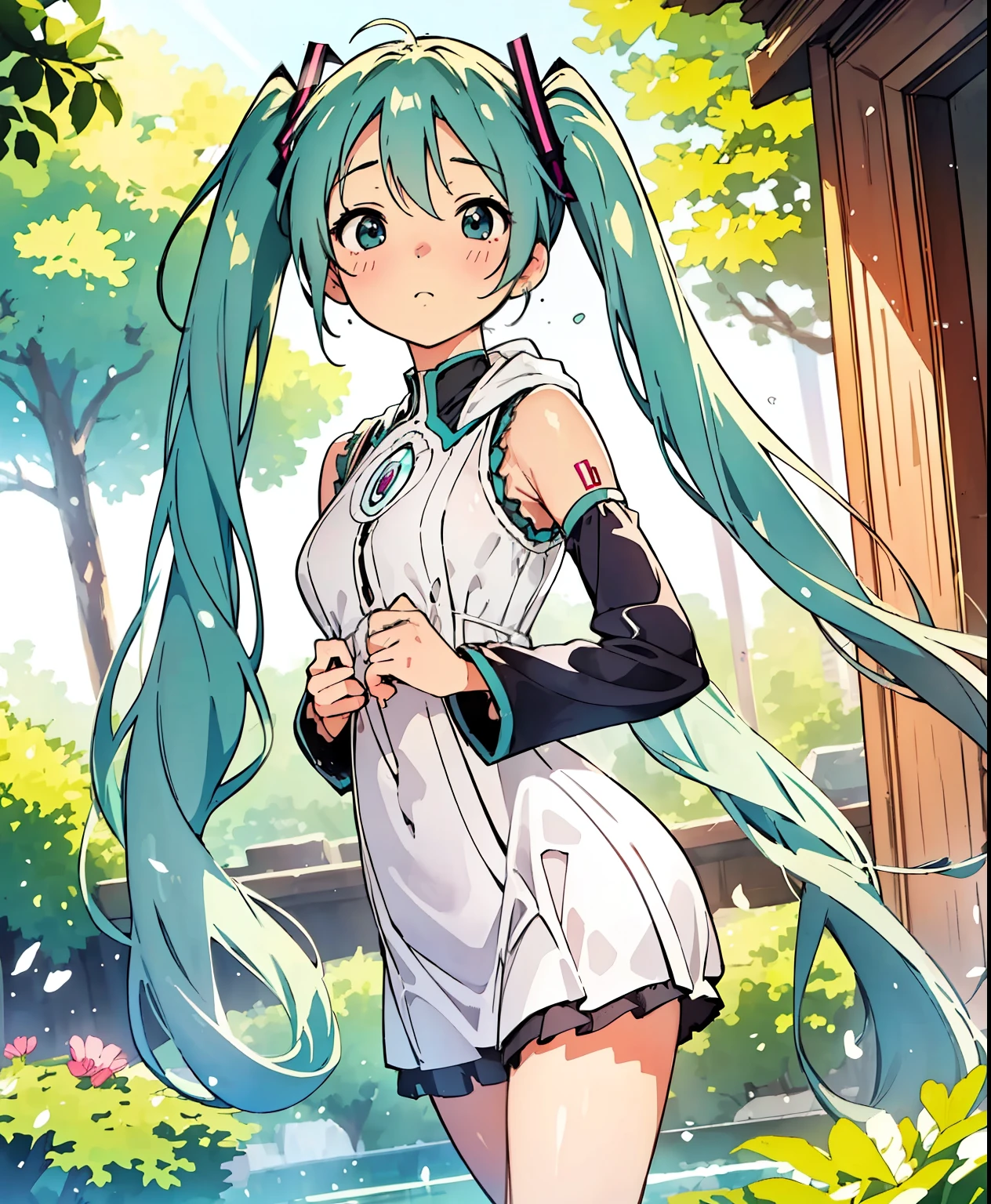 ( masterpiece、 top quality、 top quality、 Official Art、 beautiful and beautiful :1.2)、( one girl:1.3) Hatsune Miku、 twin tail, beautiful breasts, Highly Detailed Depiction of a Young Asian Woman , The Pale , The Graceful Character , Gives Her An Angelic Look . For Her Expressive Eyes 、 full of innocence and wonder that enhances softness , add purity and tenderness to her expression . She wears something larger, , Her Aesthetics , surrounds her face 、 enhances the light . Works by Sasan . Her expression is gentle and slightly melancholic , Quiet, Introspective mood, a hood standing at the base of the tree . Background Softly Surrounding Her Delicate Face , 。 cool colors 、穏やかでQuiet雰囲気を醸し出しています , Due to 、 Her delicate features and gentle gaze stand out .