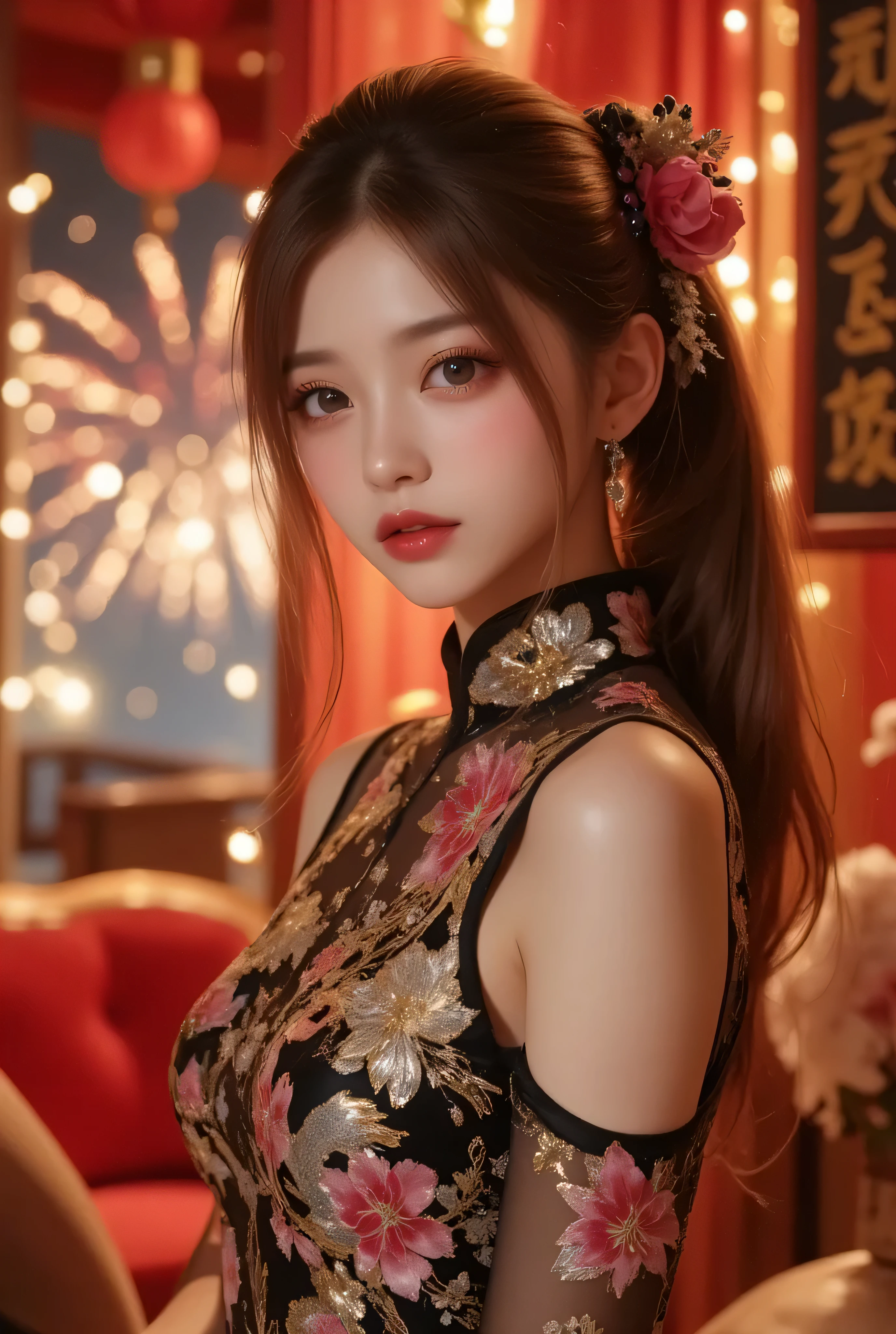 chinese woman with strawberry blonde high ponytail hairstyle, wearing a rose coloured velvet mermaid dress, embedding:OverallDetailXL
