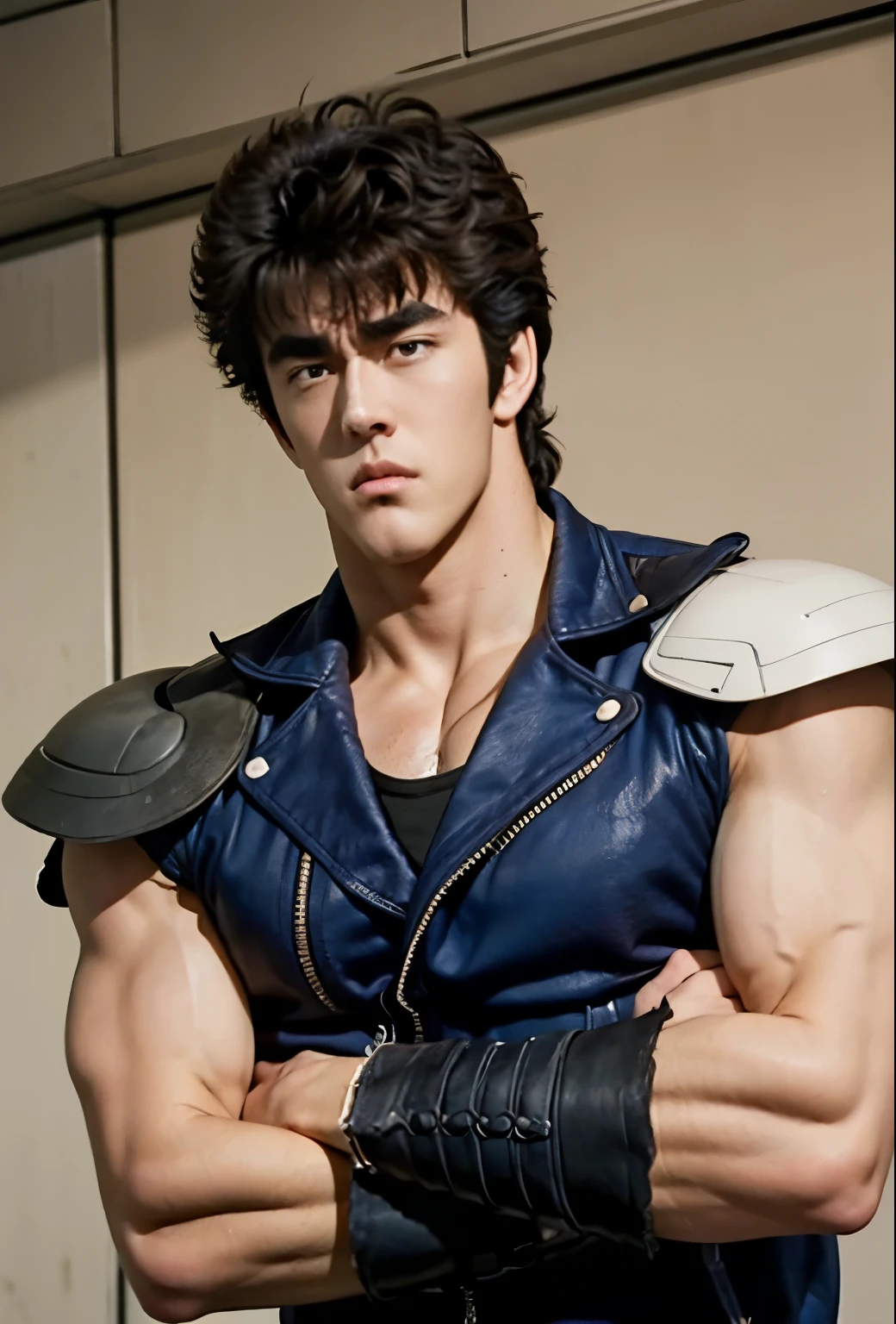 (( Kenshiro's Hairstyle , Short messy hair)), Brown Hair, thick eyebrows,(( arm-crossed))