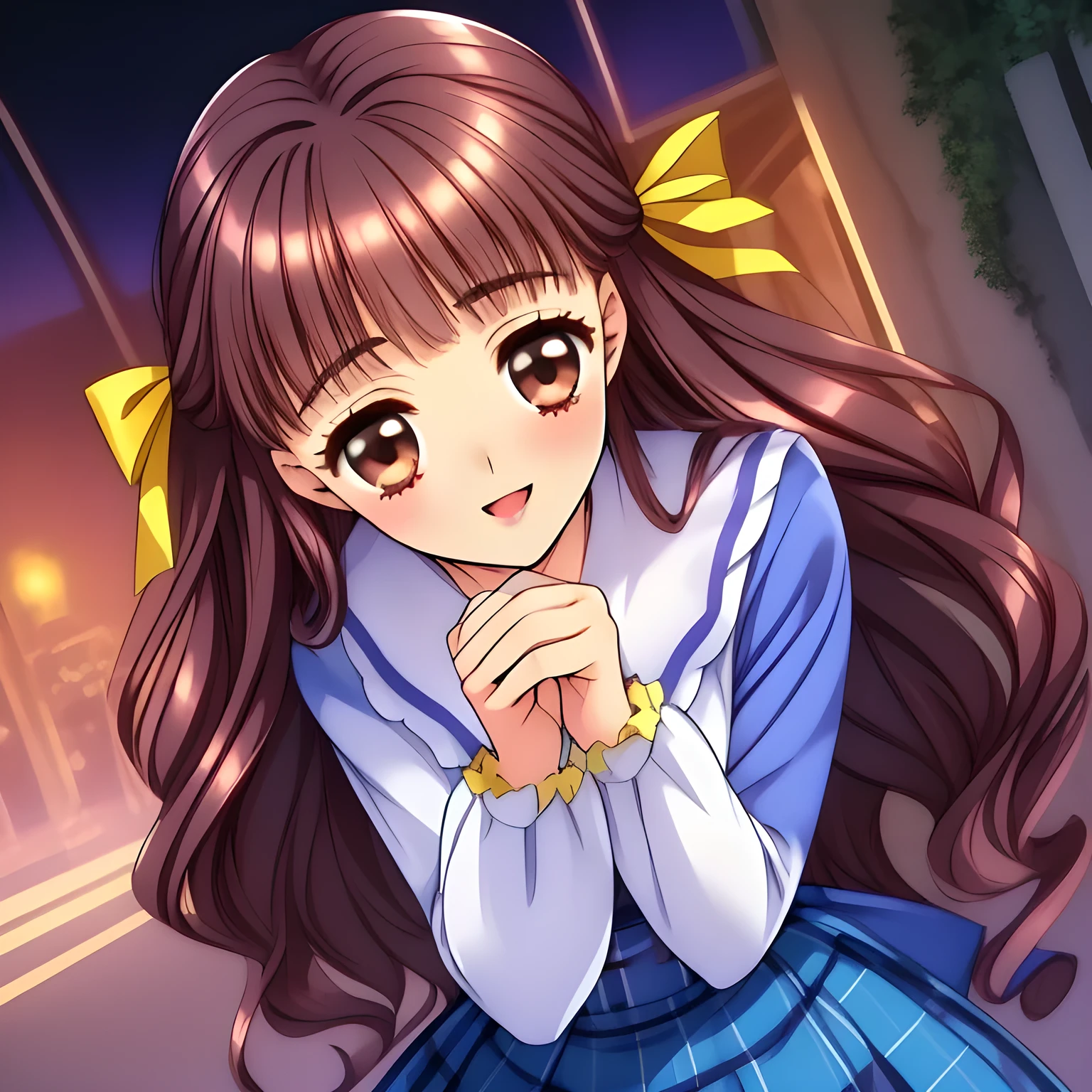 (highest quality, masterpiece:1.2), highest quality, High resolution, 1080p, 8K, Height: 160cm, (A yo beautiful fashion model, just won the National beautiful uniform model Grand Prix, (intelligent and perfect slender body), too flattering smile, amazingly neat & clean, in peace and neat lovely strong charm, face up, tilted head: 1.8), (Too noble beautiful lady like a love-story comic heroine), (laugh in bliss), (Whispering the viewer's subliminal desire secretly to hypnotize the viewer), A very lovely, very noble, pretty and pure beautiful girls. ((Bursting out Laughing very elegantly)), Using expensive whitening cosmetics by cosmetics artist: 1.2), A face that everyone loves, Glossy lips, shorter even (curled) bangs, (Too beautiful blue fascinating shiny (double-lidded) (brown eyes) with love to the viewer, ((deep upper eyelid)), with detailed clearly (like girlish comics beautiful lovely heroine): 1.5), ((Black long Hair)), ((long amazingly beautiful (wavy) long hair: 1.5)), (Sailor-style school uniform, Neat smart (white blouse)): 1.5), (A long, very neat, (tartan-checkered pleated blue skirt with belt): 1.2), (too pretty shiny light-yellow realistic school ribbon): 1.5), (Extremely lustrous, shiny game heroine lips, laughing open mouth: 0.8), (Ribbon in (black hair), The ribbon is big and very pretty, Beautiful black wavy hair like a hair model), (Tight waist, slender like a beautiful fashion model, all the high-school student ladies admire their style: 1.5), (The background is (plain black space with lovely heart stars) to emphasize her fascination: 1.8), (The lady knows well about the viewer's super fetishism for school uniforms, inviting the viewer into uniform dream of succubus, and satisfies it completely with her hands and skirts and (laughter giving extreme pleasure) deeply (in the viewer's clear lewd dream): 1.7), (beautiful expensive gorgeous atmosphere which the viewer can't stop being lustful: 1.5), (take a shot from the skirt)