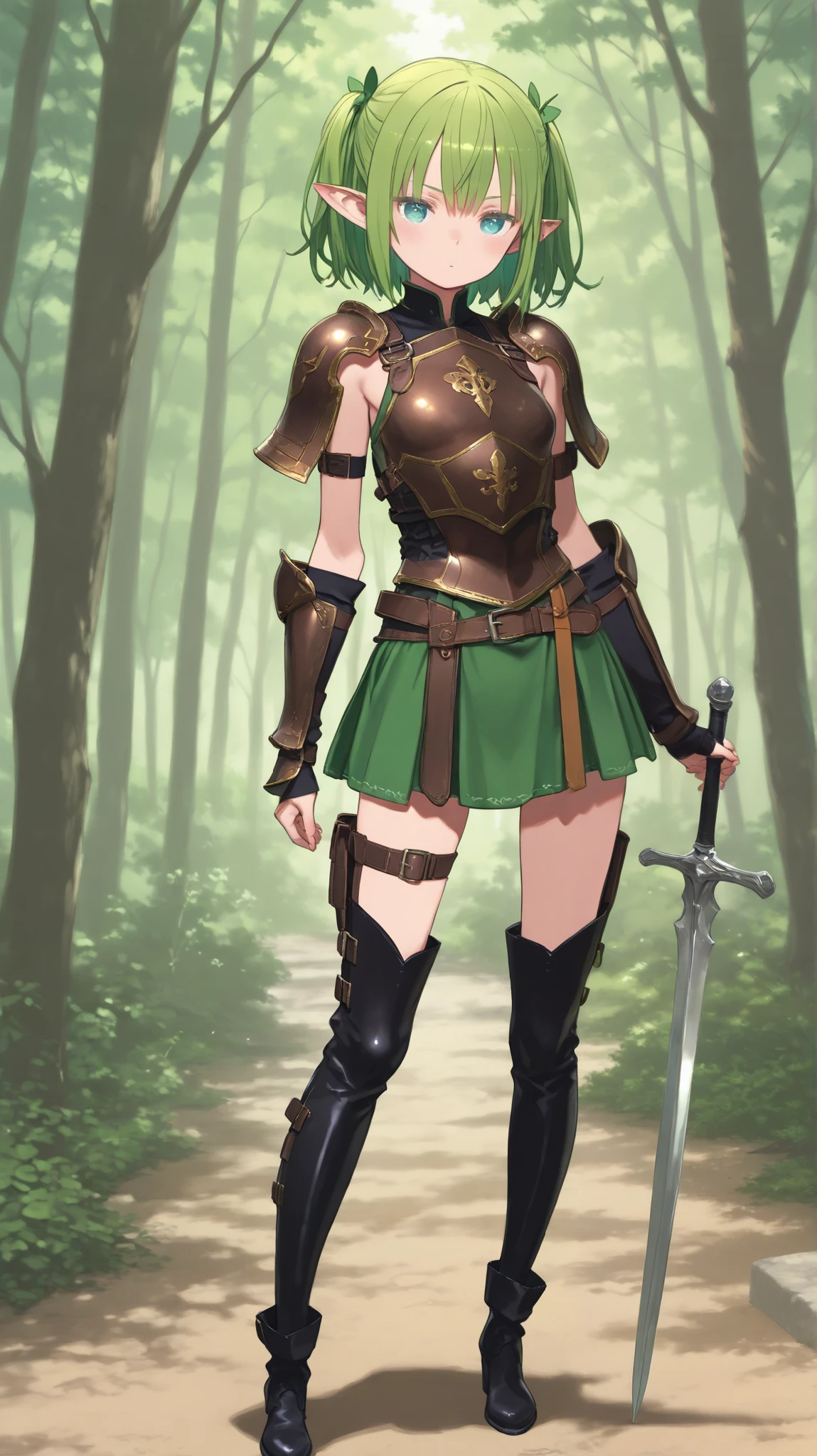 A young female warrior、Kuroboshi,Female warrior from Isekai Fantasy、Fantasy-inspired leather armor、thigh leather boots、Delicate Girl Warrior、I wore a sword around my waist、 Confident Expression 、 green hair、 twin tail、 elf ears、Breastfeeding、 thighs、 high quality、 high image quality、HD,16k, high quality from near the giants、's greatest masterpiece、 Anatomically Correct 、accurate human body 、Very beautiful background、 beautiful forest、