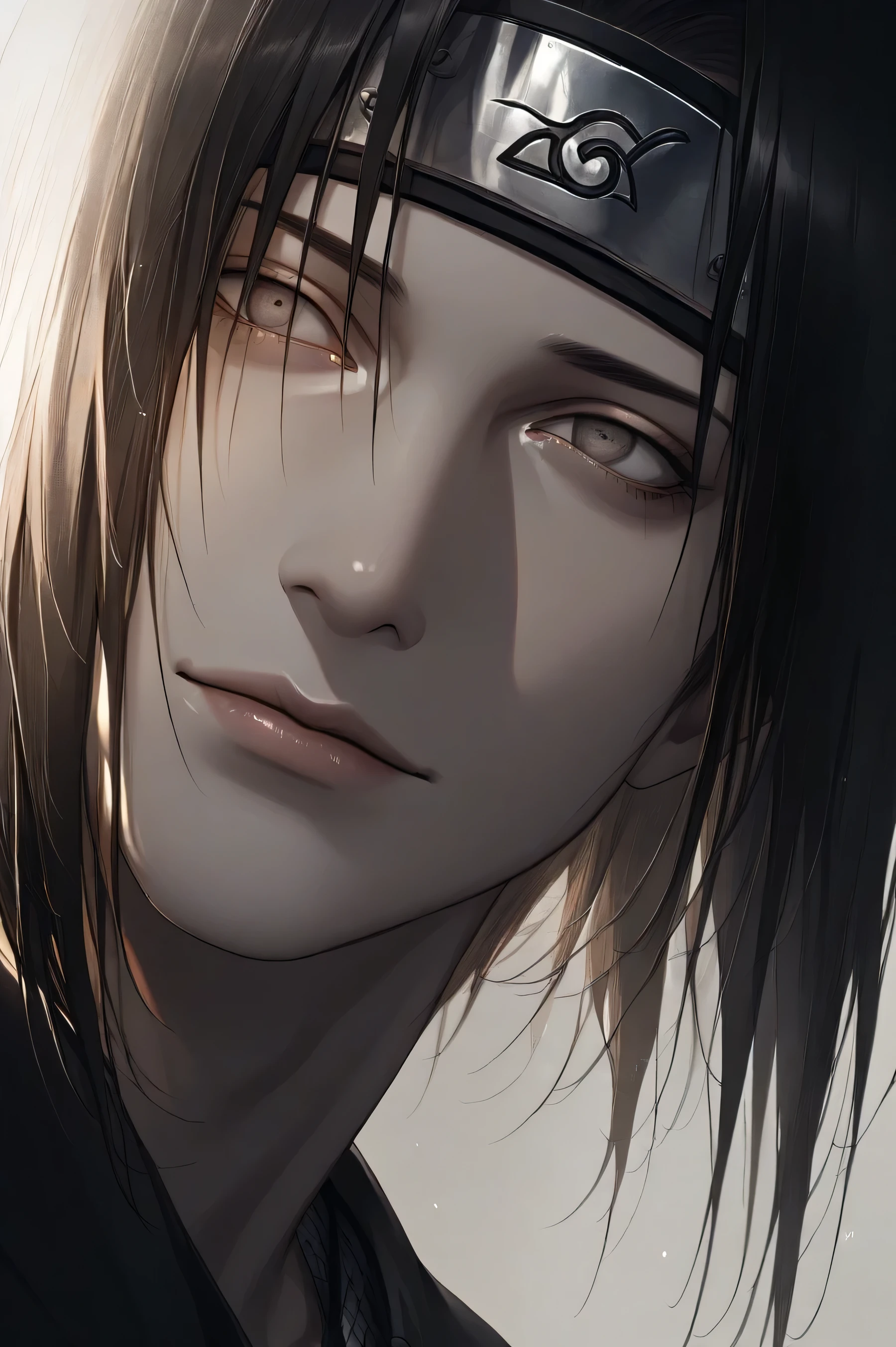"Create a highly detailed, realistic image of Itachi Uchiha from the Naruto series. He should be shown in a serene environment, with a gentle smile on his face. His eyes should be calm and peaceful, with a hint of sadness. He should be placing his finger on Sasuke's forehead, as if imparting a final lesson or blessing. Itachi's face should be pale and gaunt, with a subtle hint of exhaustion and weariness. The image should be rendered in a muted color palette, with soft lighting and subtle shadows. Focus on capturing the emotional depth and complexity of Itachi's character in this poignant moment."