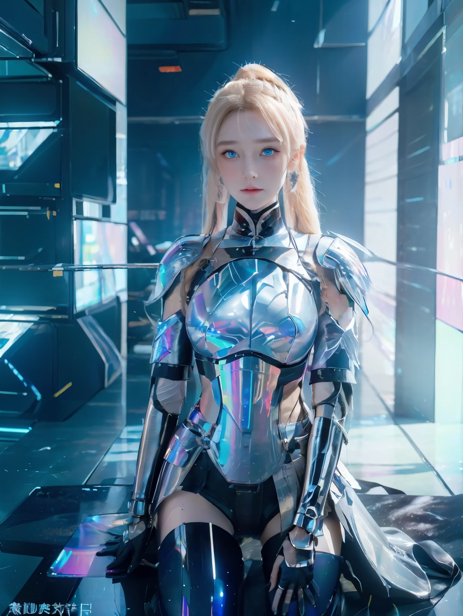((best quality)), ((masterpiece)), (detailed), perfect face, textured skin, ((super detail)), high quality, high details, hologram, Holographic colors, cyberpunk, cyberspace dweller, swallowtail butterfly wings, Blonde, long ponytail, Blue eyes, Kneel, support herself with her right hand, ((Reflective breastplate))