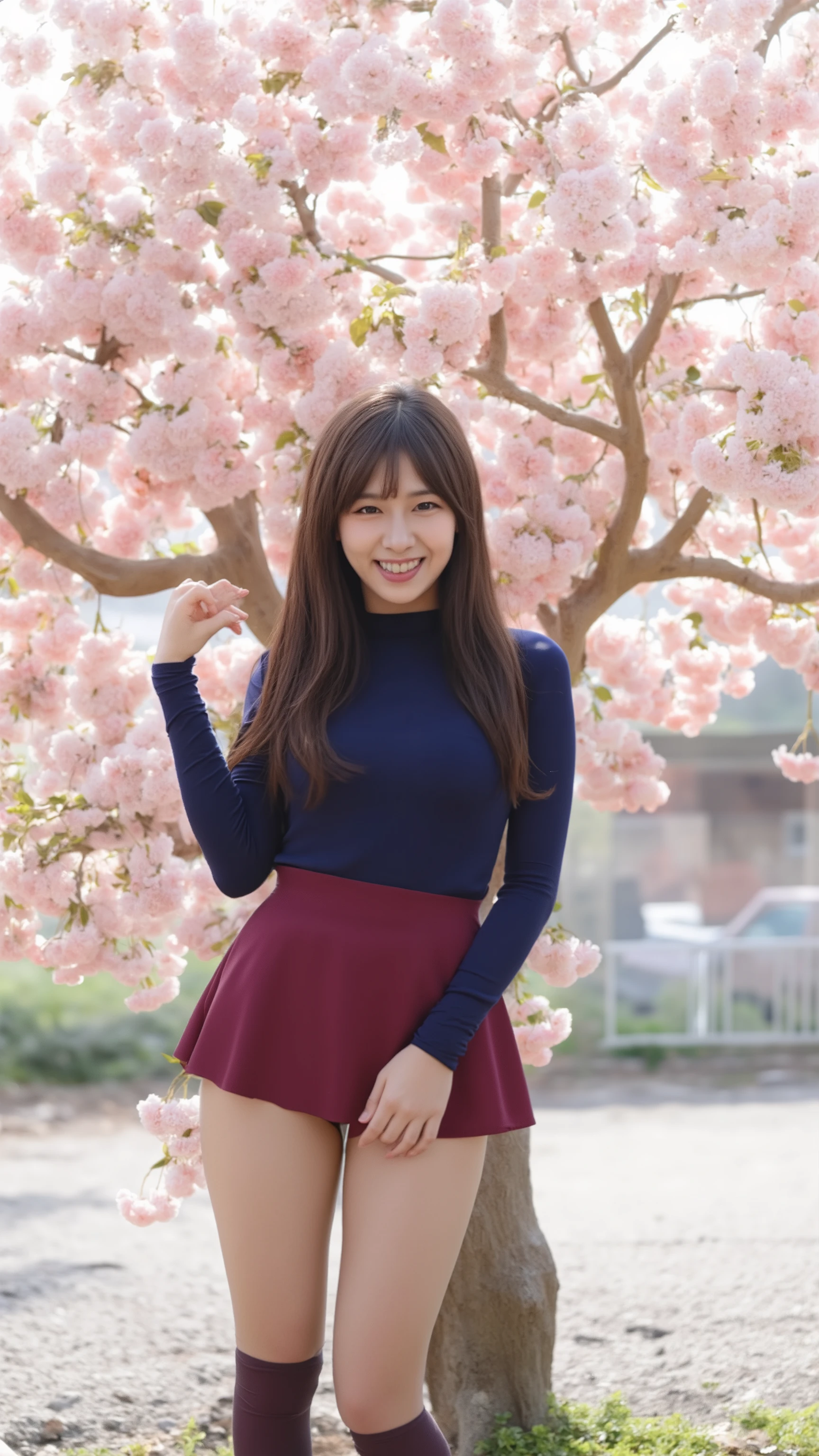 A woman in her 20s with big breasts is standing posing on a street tree in spring where cherry blossom blizzards dance、She is wearing a navy blue turtleneck that fits her body, a dark red circular skirt, and over-the-knee socks and high heels、 has long hair fluttering in the wind and looks at me with a big smile 、A bright, spring-like photorealistic image 、 composition from below