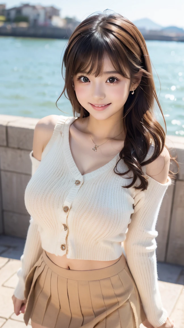 8K, highest quality, real image, intricate details, Super detailed, ultra high resolution, depth field, (realistic:1.2), (closed mouth:1.3), 1 Japanese girl, very beautiful 17 year old girl, small eyes, beautiful breasts:1.5、highly detailed eyes:1.2), (beautiful breasts:1.1), (small breasts:1.1), wavy hair、curly hair、bangs, Fair skin, (huge hips:1.1), (thick thighs:1.1), (thick legs:1.1), tight waist, alone, (smile:1.2), (off shoulder top), (short jeans) break, busy street