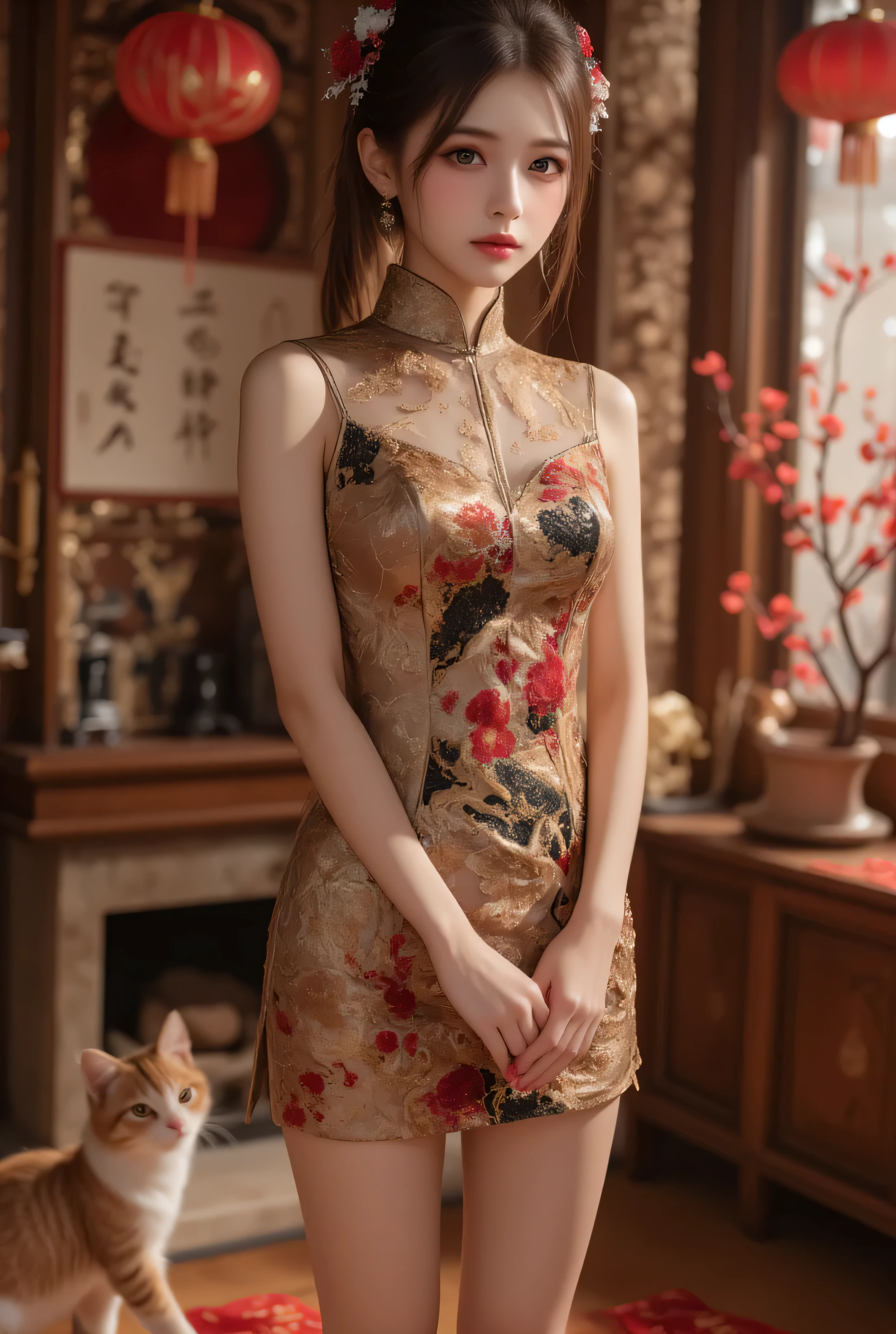 View from front bottom, A close-up, head-and-shoulders portrait of a beautiful Korean idol with fine facial features and a ponytail, wearing a red-black-green-blue-transparent-silver-gold short cheongsam with some black-transparent sections, adorned with intricate gold or silver phoenix and floral embroidery. She stands gracefully in a warmly lit room featuring a vintage fireplace and traditional Chinese New Year decorations, including vibrant red lanterns, decorative calligraphy scrolls, a small Chinese orange tree with golden ornaments, and several red envelopes scattered across the floor and hanging from the tree. Adorable, playful cats are part of the scene—some sitting near the tree, others curiously pawing at the red envelopes or lounging around. Through a window or an open door in the background, vibrant Chinese fireworks light up the night sky in an array of reds, golds, and blues, casting a magical glow into the room. The idol’s outfit is complemented by subtle accessories like red hairpins or earrings and a few pretty Chinese hair accessories, along with pink lipstick, enhancing her festive look. The atmosphere is warm and lively, filled with the joyful essence of the celebration, highlighted by dramatic, chiaroscuro lighting, deep contrast, pleasant colors, and intricate, elaborate patterns, creating a super-detailed, realistic 8K cinematic composition.