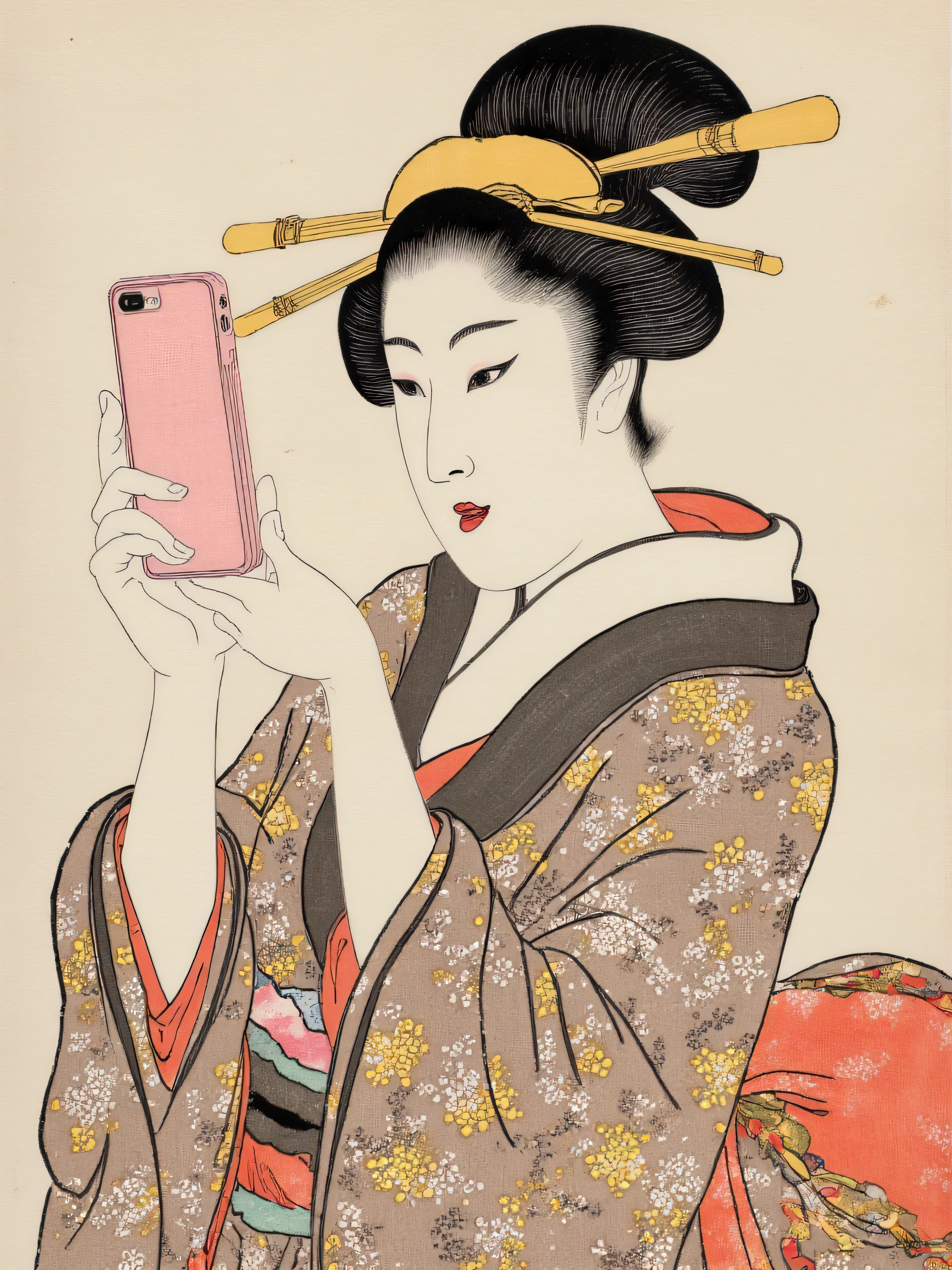 Ukiyo-e style, A maiko in a flashy kimono is looking at me with a pink iPhone, Geisha, Ukiyoe on Japanese paper , Mixed style of Sumi-e and Ukiyo-e , Contrast between details and blurring , Kimono, ArsMJStyle, Zen Ink Wash Sumi-e, tsukioka1 Japanese woodblock print ukiyo-e, upper body, half body photo.