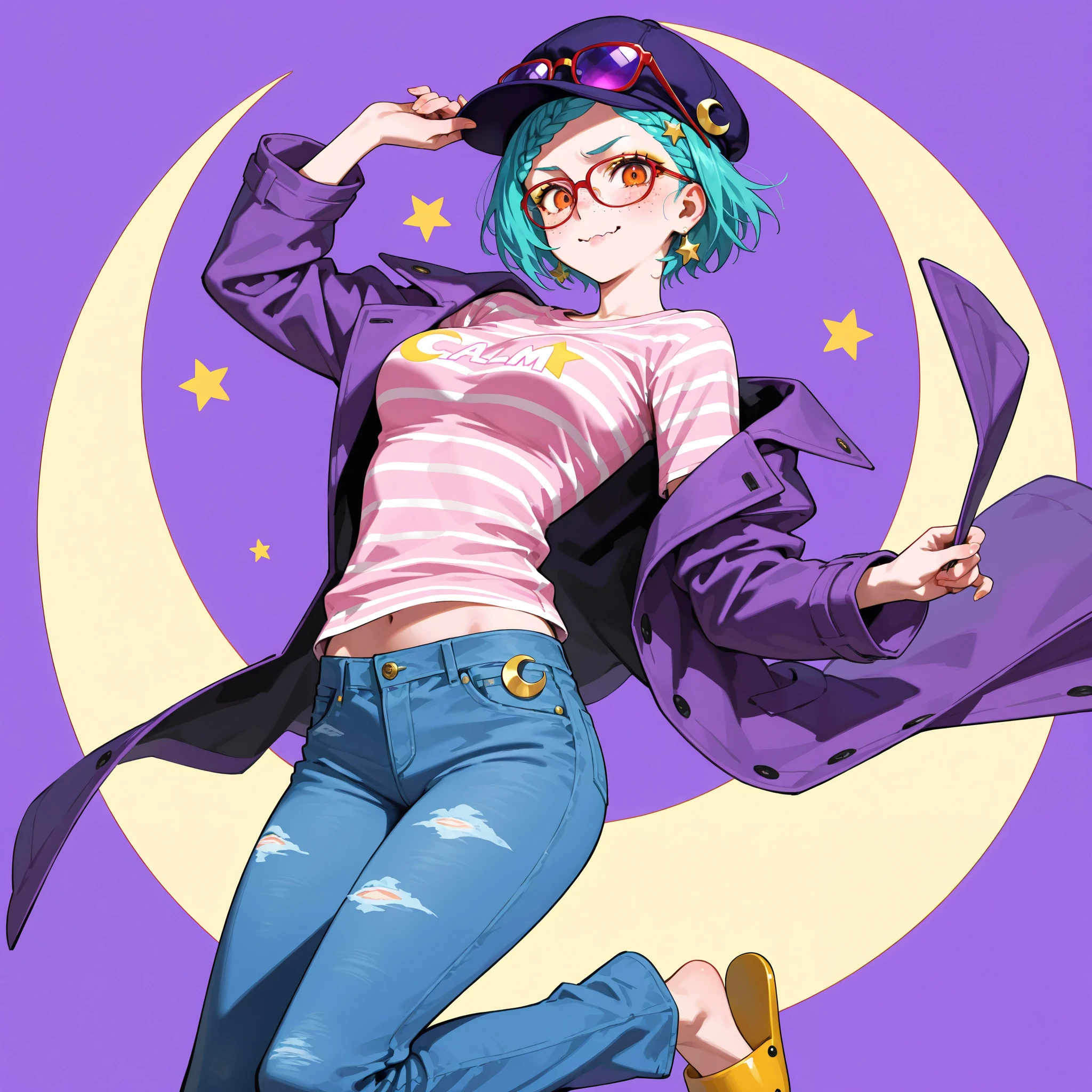 1girl, solo, 8k, aqua hair, short hair, braided_bangs_(hairstyle), calm, BREAK, orange eyes, toothy_smile, freckles, medium breasts, gentle_smile, BREAK, red_lipstick, golden_eyeshadow, 1girl, (best quality), 8k, masterpiece, aqua hair, short hair, braided bangs hairstyle, calm, BREAK, orange eyes, golden eyeshadow, medium breasts, wavy_mouth, blush, BREAK1girl alternate_costume blue_pants cloud_print coat contemporary crescent crescent_hat_ornament crescent_print eyewear_on_head full_body hat hat_ornament looking_to_the_side panties pants pink_hat pink_shirt print_panties print_pants purple_background purple_coat purple_slippers purple_theme rectangular_eyewear red-framed_eyewear shirt simple_background standing star_(symbol) star_hat_ornament star_print striped_clothes striped_shirt