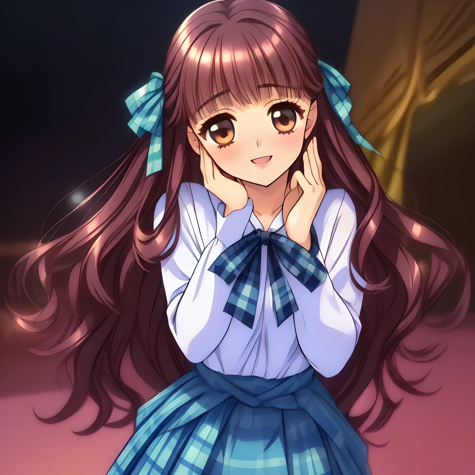 (highest quality, masterpiece:1.2), highest quality, High resolution, 1080p, 8K, Height: 160cm, (A yo beautiful pretty fashion model succubus, most beloved girl in the school, (intelligent and perfect slender body), too flattering smile, amazingly neat & clean, in peace and neat lovely strong charm, (face up), tilted head: 1.8), (Too noble beautiful lady like a love-story comic heroine), (laugh in bliss), (Whispering the viewer's subliminal desire secretly to hypnotize the viewer), A very lovely, very noble, pretty and pure beautiful girls. ((Bursting out Laughing very elegantly)), Using expensive whitening cosmetics by cosmetics artist: 1.2), A face that everyone loves, Glossy lips, shorter even (curled) bangs, (Too beautiful blue fascinating shiny (double-lidded) (brown eyes) with love to the viewer, ((deep upper eyelid)), with detailed clearly (like girlish comics beautiful lovely heroine): 1.5), ((Black long Hair)), ((long amazingly beautiful (wavy) long hair: 1.5)), (Sailor-style school uniform, Neat smart (white blouse)): 1.5), (A long, very neat, (tartan-checkered pleated blue skirt with belt): 1.2), (too pretty shiny light-yellow realistic school ribbon): 1.5), (Extremely lustrous, shiny game heroine lips, laughing open mouth: 0.8), (Ribbon in (black hair), The ribbon is big and very pretty, Beautiful black wavy hair like a hair model), (Tight waist, slender like a beautiful fashion model, all the high-school student ladies admire their style: 1.5), (The background is (plain black space with lovely heart stars) to emphasize her fascination: 1.8), (The lady knows well about the viewer's super fetishism for school uniforms, inviting the viewer into uniform dream of succubus, and satisfies it completely with her hands and skirts and (laughter giving extreme pleasure) deeply (in the viewer's clear lewd dream): 1.7), (beautiful expensive gorgeous atmosphere which the viewer can't stop being lustful: 1.5), (take a shot from the skirt)