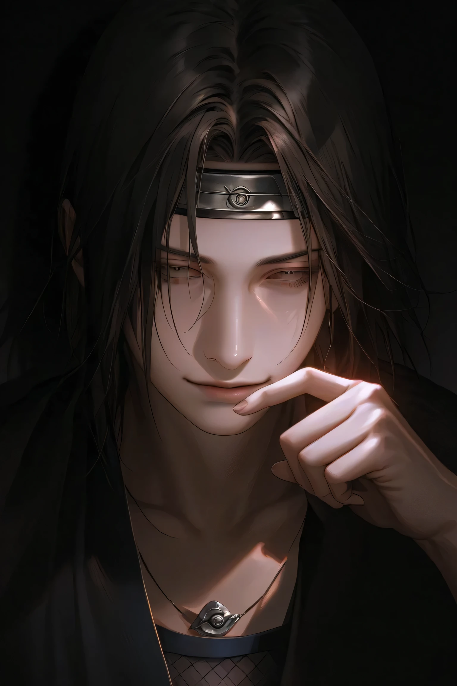 "Create a highly detailed, realistic image of Itachi Uchiha from the Naruto series. He should be shown in a serene environment, with a gentle smile on his face. His eyes should be calm and peaceful, with a hint of sadness. He should be placing his finger on Sasuke's forehead, as if imparting a final lesson or blessing. Itachi's face should be pale and gaunt, with a subtle hint of exhaustion and weariness. The image should be rendered in a muted color palette, with soft lighting and subtle shadows. Focus on capturing the emotional depth and complexity of Itachi's character in this poignant moment."