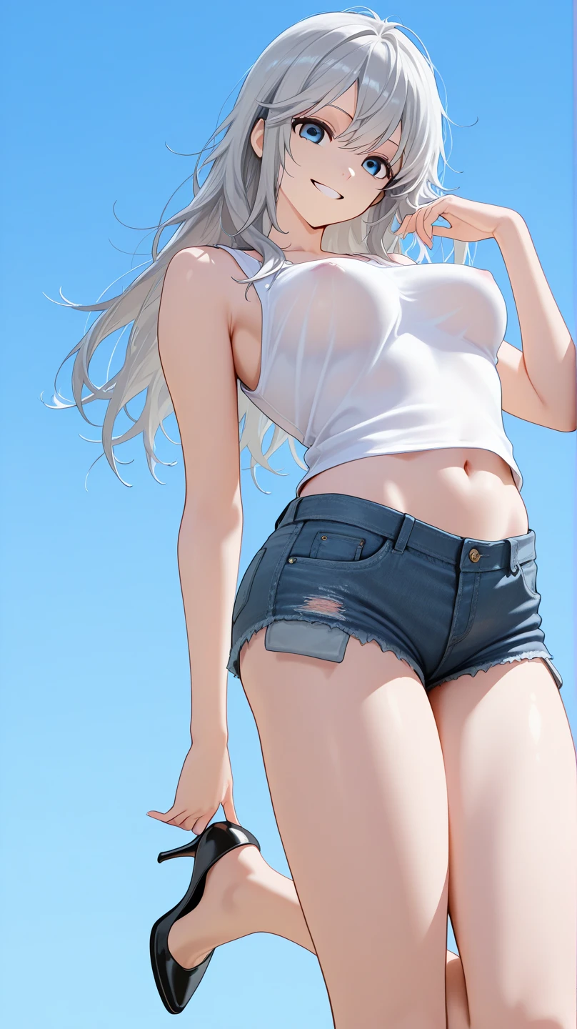 high-key and low-variance brightness scale,soft light,realistic light and shadow, light and dark interlaced,(from below:1.3),underboob focus,looking at viewer,dramatic angle,(solo:1.6)
(masterpiece),(best quality),(highres),(by famous artist),(((official art))),(by Paul Hedley),(illustration),
1girl,(frieren:1.6),(elf:1.4),fashionable female
(small breasts:1.3),(underboob:1.5),(whole body),(round face),(pointy ears),(slim legs),(skinny body),(detailed beautiful face),lustrous skin,shiny skin,(articulated fingers),navel,midriff,thick lips
(white tank top:1.4),(thong:1.4),(frayed denim shorts),(white socks),(sport shoes),(off shoulders),(belly chain),belt,hair ornament,heart-shaped earrings,silver bracelet,black choker
indoor,(clothing store:1.4),(multiple clothes),small items on display,various accessories,jewelry,earrings,makeup,collarbone necklace,headpiece,
((seductive smile)),blush,((standing)),bent over,hand on hip,(Blowing A Kiss From single Hand :1.6),
(sunglasses:1.2),(green eyes)
(white hair),long hair,twintails,parted bangs,(reflective hair),