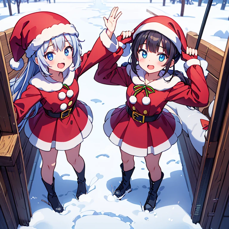 2girls, (master piece: 1.1), (imsaikawa, imkanna), (imsaikawa with green eyes), green eyes, (imkanna with blue eyes and twintails), (fullbody, standing), (detailed eyes, high details faces), cute face, blush BREAK both wearing white snow boots, happy, winter clothes, wearing cold clothes, cold gloves, colorful coat, (santa hat on the head), fluffy coat BREAK ((well-detailed fingers, well-detailed hand), better_handREAK winter background, white and blue, snow, ((christmas trees, snowman, christmas background)),