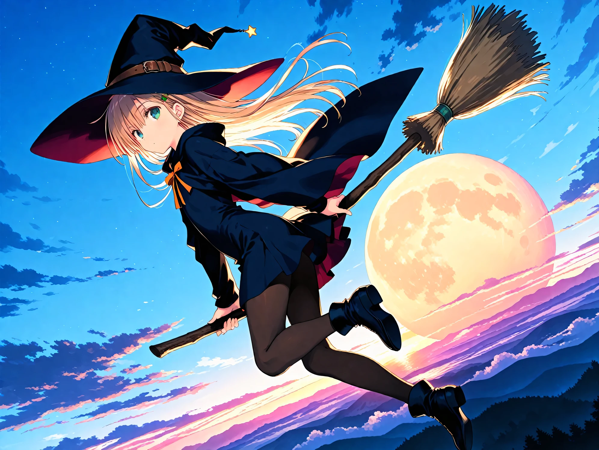 (highest quality、4K、8K、High resolution、masterpiece:1.2)、Super detailed、(anime style, realistic, フォトrealistic:1.37)、JKWitch、girl、(((JK, sailor suit, pleated skirt, loose socks;1.2, blonde long hair:1.2))), garden、fantasy、harry potter aesthetic、colorful、enchanting atmosphere、beautiful detailed eyes、beautiful detailed lips、flowing hair、((Fly on a broom、fly high into the sky, magic glowing wand))、 stars shining in the night sky、 Mysterious creatures on the background、gardenに咲くヒマワリとバラ、a magic spell is being cast、 enchanting aura、enchanting smile、Delicate porcelain skin、Expressive eyes full of wonder、 Aura of empowerment and confidence、Brightly colored magical sparks surrounded by swirls of magical energy、Night landscape with a crescent moon in the sky、wood々twinkling lights hanging from。