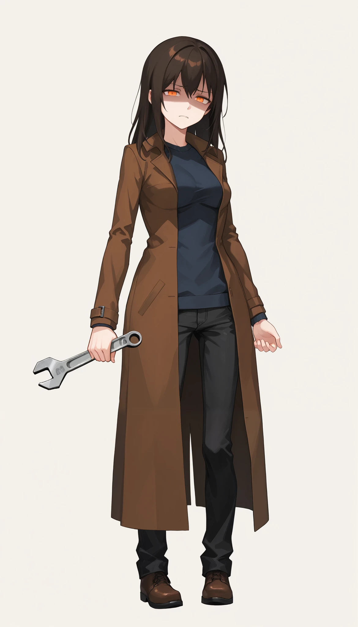 1 girl ,full body in view ,medium breasts:0.8, postal, bright orange eyes , brown plain coat, dark blue sweatshirt, brown long hair , confidence, the offended face, (completely white background), looks with disdain, loose pose, black jeans, He holds a wrench in his hands,blame head