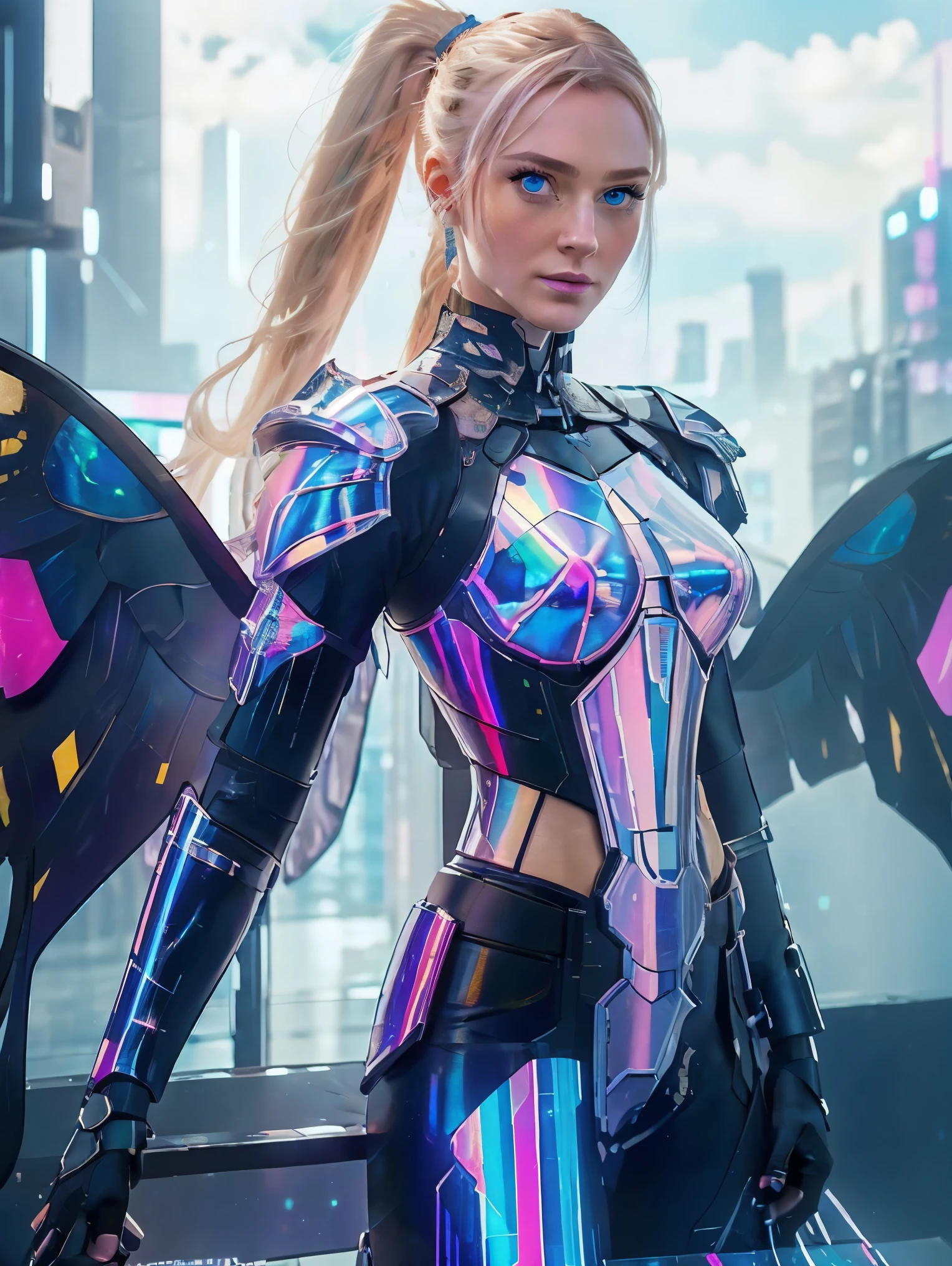 ((best quality)), ((masterpiece)), (detailed), perfect face, textured skin, ((super detail)), high quality, high details, hologram, Holographic colors, cyberpunk, cyberspace dweller, swallowtail butterfly wings, Blonde, long ponytail, Blue eyes, Kneel, support herself with her right hand, ((Reflective breastplate))