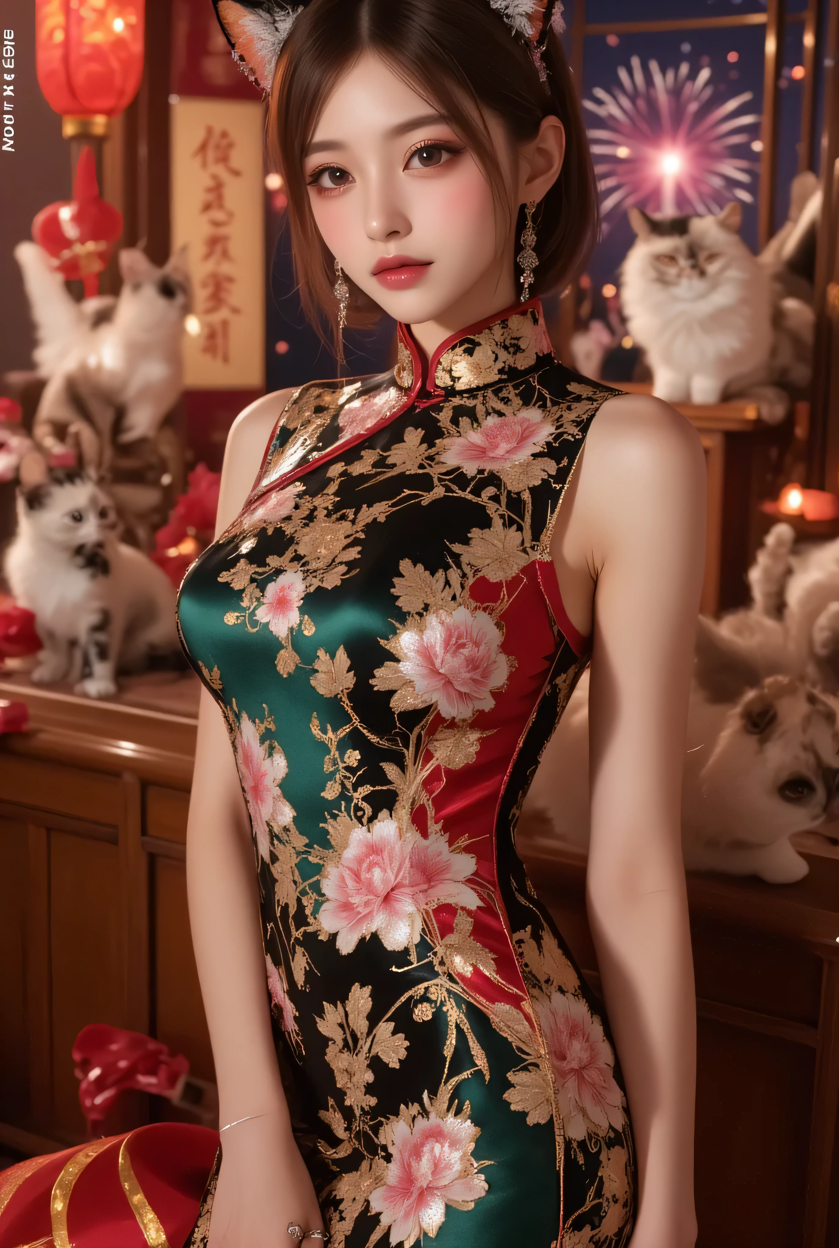 Cat ears、 face up, attractive, pretty girl, ponytail、few beautiful lady hair decorations, (( fine facial features , eroticism)), dramatic lighting , realistic , 8k, Dramatic Shadows , intricate and elaborate patterns , super detailed photo , chiaroscuro lighting , Pleasant colors , deep contrast , super real 、 pink lipstick、 warm room、Vintage Fireplace 、 cinematic composition、Close-up of face, pretty half part transparent open shoulder loose outfits dress, tang style, A beautiful Korean idol wearing a one piece red-green-blue-black-silver-gold tightly cheongsam with phoenix and intricate floral golden embroidery, golden and silver outline on dress, standing gracefully in a room filled with traditional Chinese New Year decorations. The room features vibrant red lanterns, decorative calligraphy scrolls, a small Chinese orange tree with golden ornaments, and several red envelopes scattered across the floor and hanging from the tree. Adorable, playful cats are part of the scene—some sitting near the tree, others curiously pawing at the red envelopes or lounging around. Through a window or an open door in the background, vibrant Chinese fireworks light up the night sky in an array of reds, golds, and blues, casting a magical glow into the room. The idol’s outfit is paired with subtle accessories like red hairpins or earrings, complementing the festive look. The atmosphere is warm and lively, filled with the joyful essence of the celebration, enhanced by the shimmering lights of the fireworks and the lively decor.