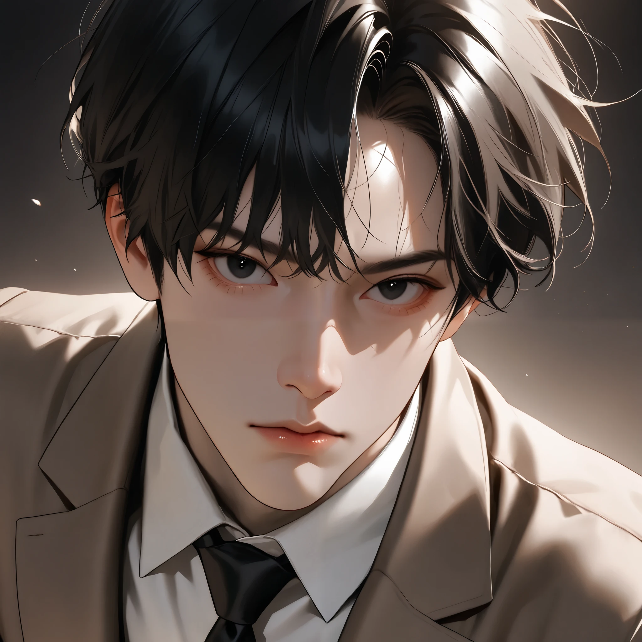 very aesthetic, 걸작, 고해상도, 8k 해상도, high contrast, semrealistic, newest, koreanai, best_quality, finely_detailed_eyes_and_detailed_face, 1 korean_남성, masculine, black_eyes, black_hair, parted_bangs, brown_suit_jacket, white_shirt, black_necktie, looking at viewer, (dynamic_pose), front_view,  focus_on_face, close-up_shot