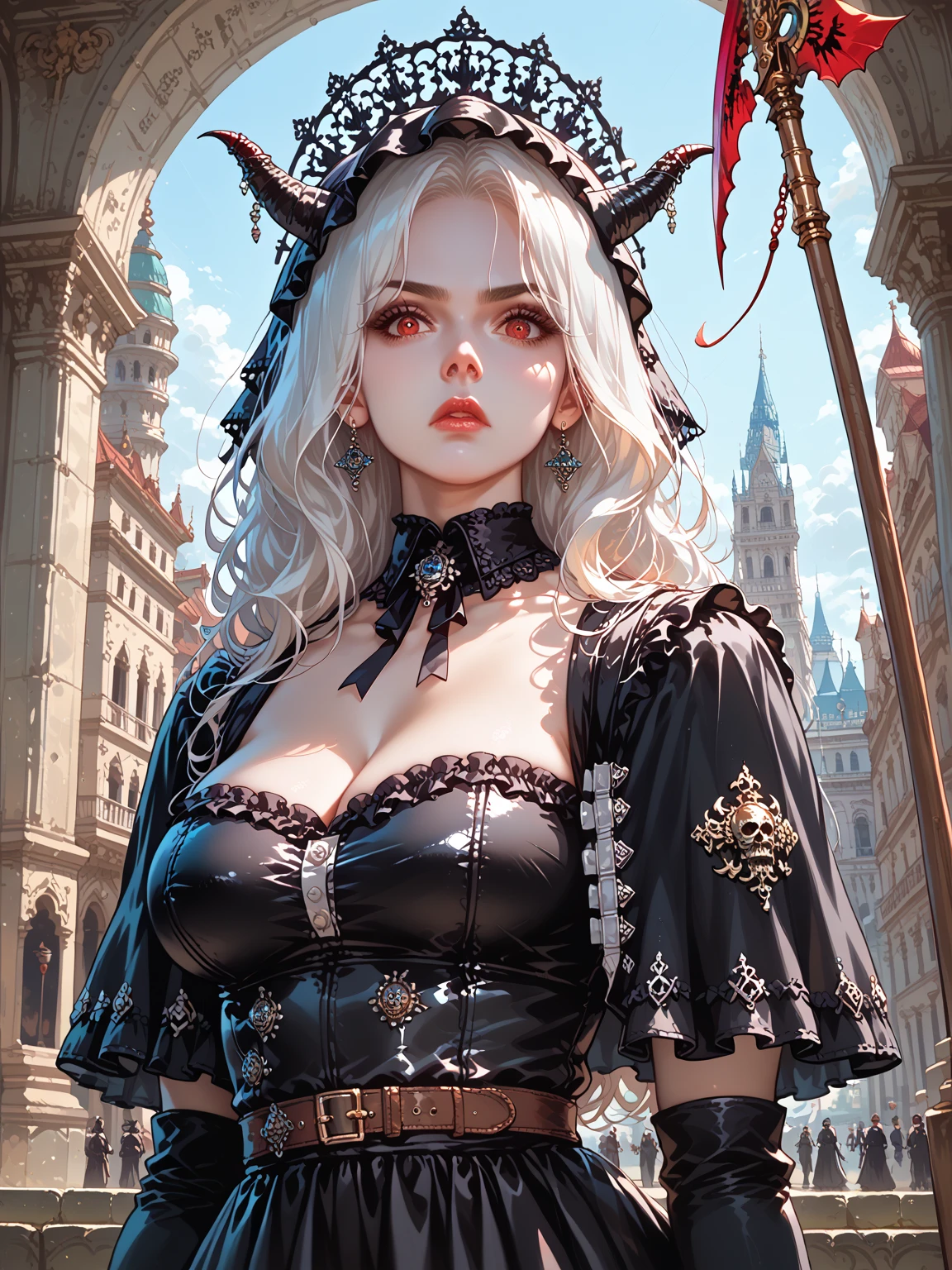 (skindentation:1.5), realistic, photorealistic, (masterpiece:1.5), concept art, intricate details, highly detailed, octane render, 8k, unreal engine, sexy seductive slutty dynamic pose, best quality, highres, ((dramatic)), epic, depth of field, 8k, particles, (realistic face:1.1, hyperrealistic:1.1), ((1vampiregirl, close-up, accentuated super huge enormously gigantic breasts, cleavage showing, perfect eyes, detailed eyes, high quality eyes, perfect face, high quality face, shiny pale skin:1.2, shiny face:1.2, embarrassed, blushing:0.8, red eyes)), server, dark gothic horror rustic tavern interior in background, pitcher, sign, jovial fantasy atmosphere, detailed background, blurry wooden bar table as foreground, (((very long platinum white hair, perfect hands))), ((extremely intricate cloak, leather corset armor, leather belt, boots, padded cloth, gloves with lots of straps buckles and zippers)), Full body portrait