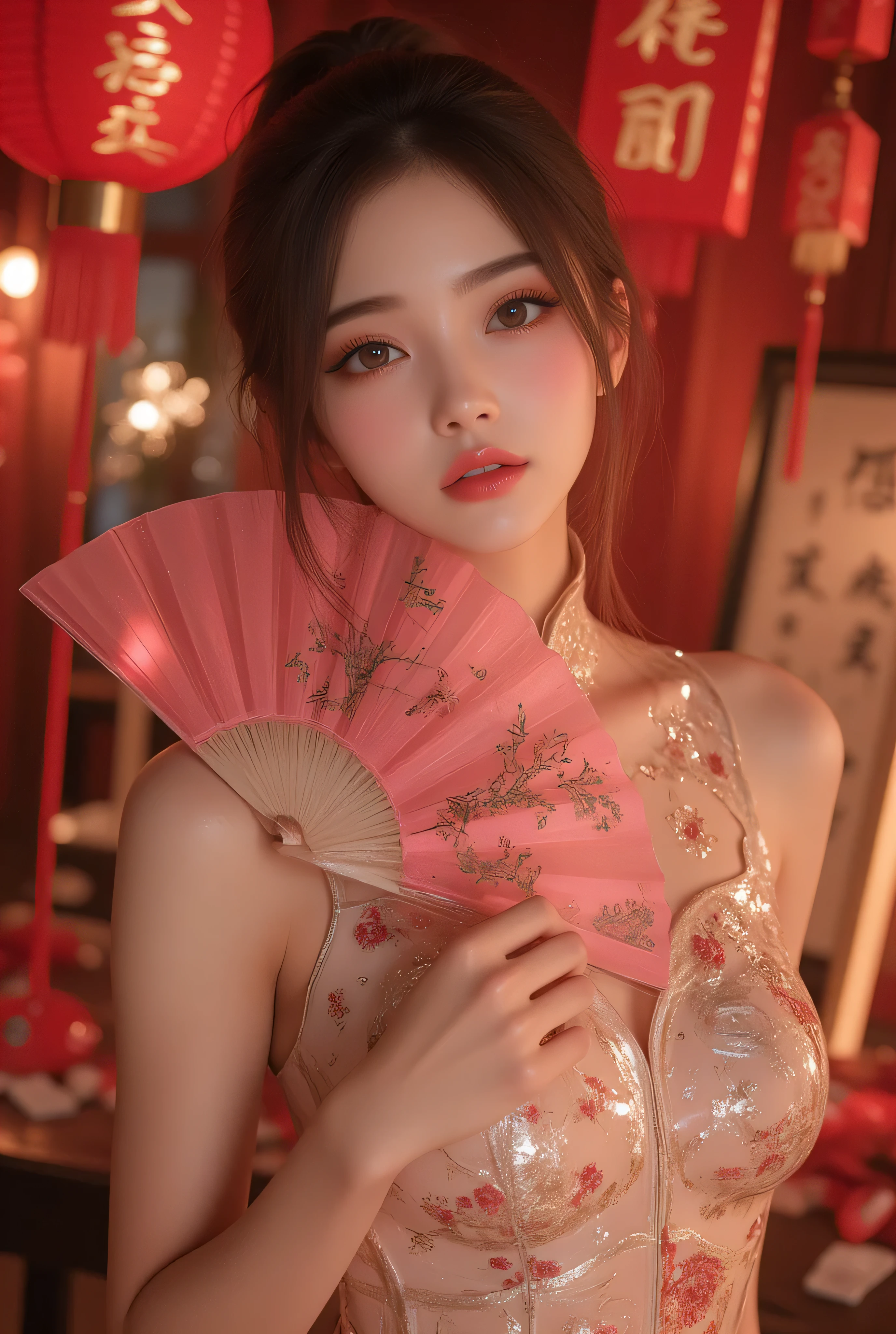 Cat ears、 face up, attractive, pretty girl, ponytail、 (( fine facial features , eroticism)), dramatic lighting , realistic , 8k, Dramatic Shadows , intricate and elaborate patterns , super detailed photo , chiaroscuro lighting , Pleasant colors , deep contrast , super real 、 pink lipstick、 warm room、Vintage Fireplace 、 cinematic composition、Close-up of face, pretty half part transparent open shoulder loose outfits dress, tang style, A beautiful Korean idol wearing a one piece red- black tightly cheongsam with phoenix and intricate floral golden embroidery, golden and silver outline on dress, hand hold pink feathers transparent Chinese fan with golden ink painting of bird and tree , standing gracefully in a room filled with traditional Chinese New Year decorations. The room features vibrant red lanterns, decorative calligraphy scrolls, a small Chinese orange tree with golden ornaments, and several red envelopes scattered across the floor and hanging from the tree. Adorable, playful cats are part of the scene—some sitting near the tree, others curiously pawing at the red envelopes or lounging around. Through a window or an open door in the background, vibrant Chinese fireworks light up the night sky in an array of reds, golds, and blues, casting a magical glow into the room. The idol’s outfit is paired with subtle accessories like red hairpins or earrings, complementing the festive look. The atmosphere is warm and lively, filled with the joyful essence of the celebration, enhanced by the shimmering lights of the fireworks and the lively decor.