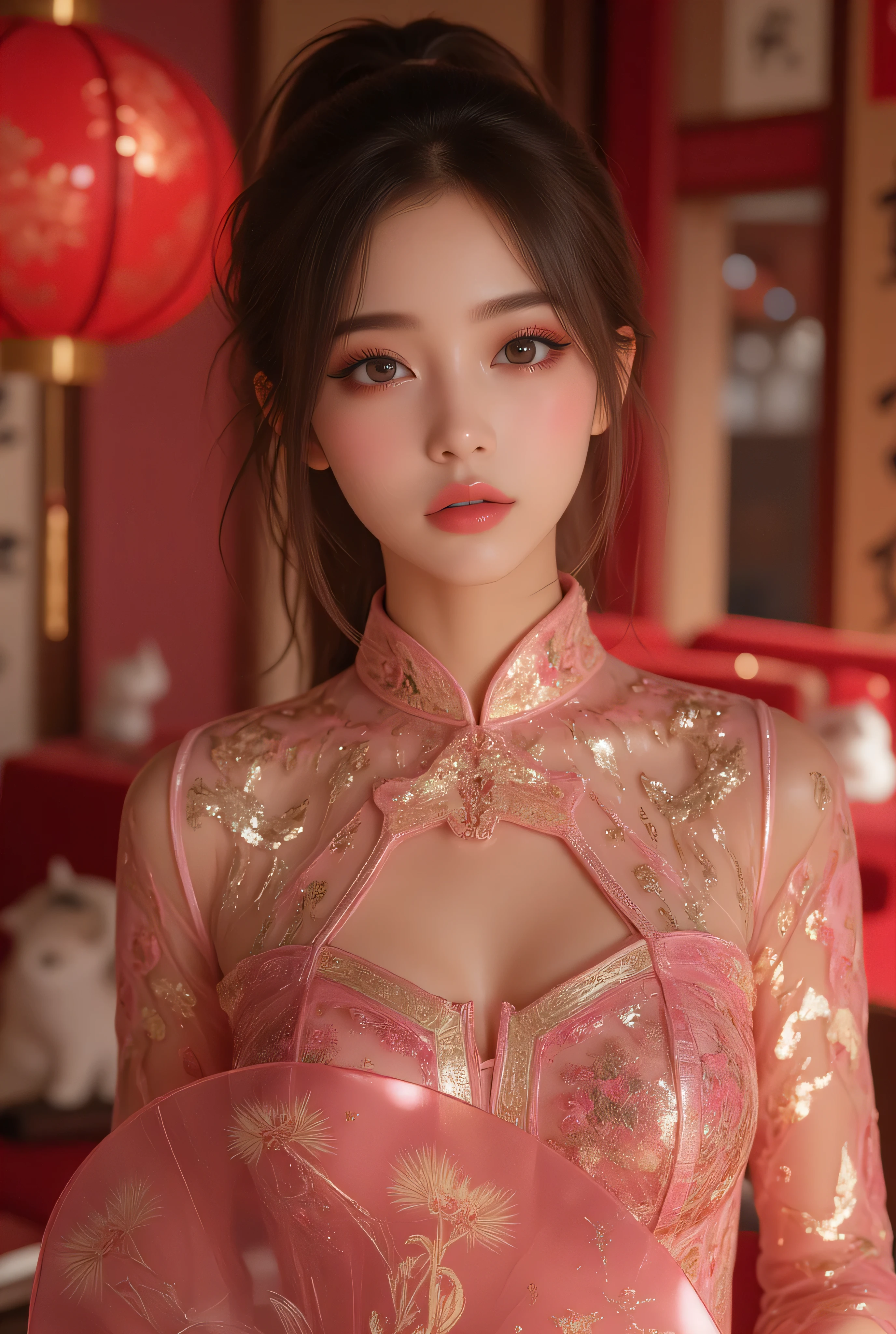 Cat ears、 face up, attractive, pretty girl, ponytail、 (( fine facial features , eroticism)), dramatic lighting , realistic , 8k, Dramatic Shadows , intricate and elaborate patterns , super detailed photo , chiaroscuro lighting , Pleasant colors , deep contrast , super real 、 pink lipstick、 warm room、Vintage Fireplace 、 cinematic composition、Close-up of face, pretty half part transparent open shoulder loose outfits dress, tang style, A beautiful Korean idol wearing a one piece red- black tightly cheongsam with phoenix and intricate floral golden embroidery, golden and silver outline on dress, hand hold pink feathers transparent Chinese fan with golden ink painting of bird and tree , standing gracefully in a room filled with traditional Chinese New Year decorations. The room features vibrant red lanterns, decorative calligraphy scrolls, a small Chinese orange tree with golden ornaments, and several red envelopes scattered across the floor and hanging from the tree. Adorable, playful cats are part of the scene—some sitting near the tree, others curiously pawing at the red envelopes or lounging around. Through a window or an open door in the background, vibrant Chinese fireworks light up the night sky in an array of reds, golds, and blues, casting a magical glow into the room. The idol’s outfit is paired with subtle accessories like red hairpins or earrings, complementing the festive look. The atmosphere is warm and lively, filled with the joyful essence of the celebration, enhanced by the shimmering lights of the fireworks and the lively decor.