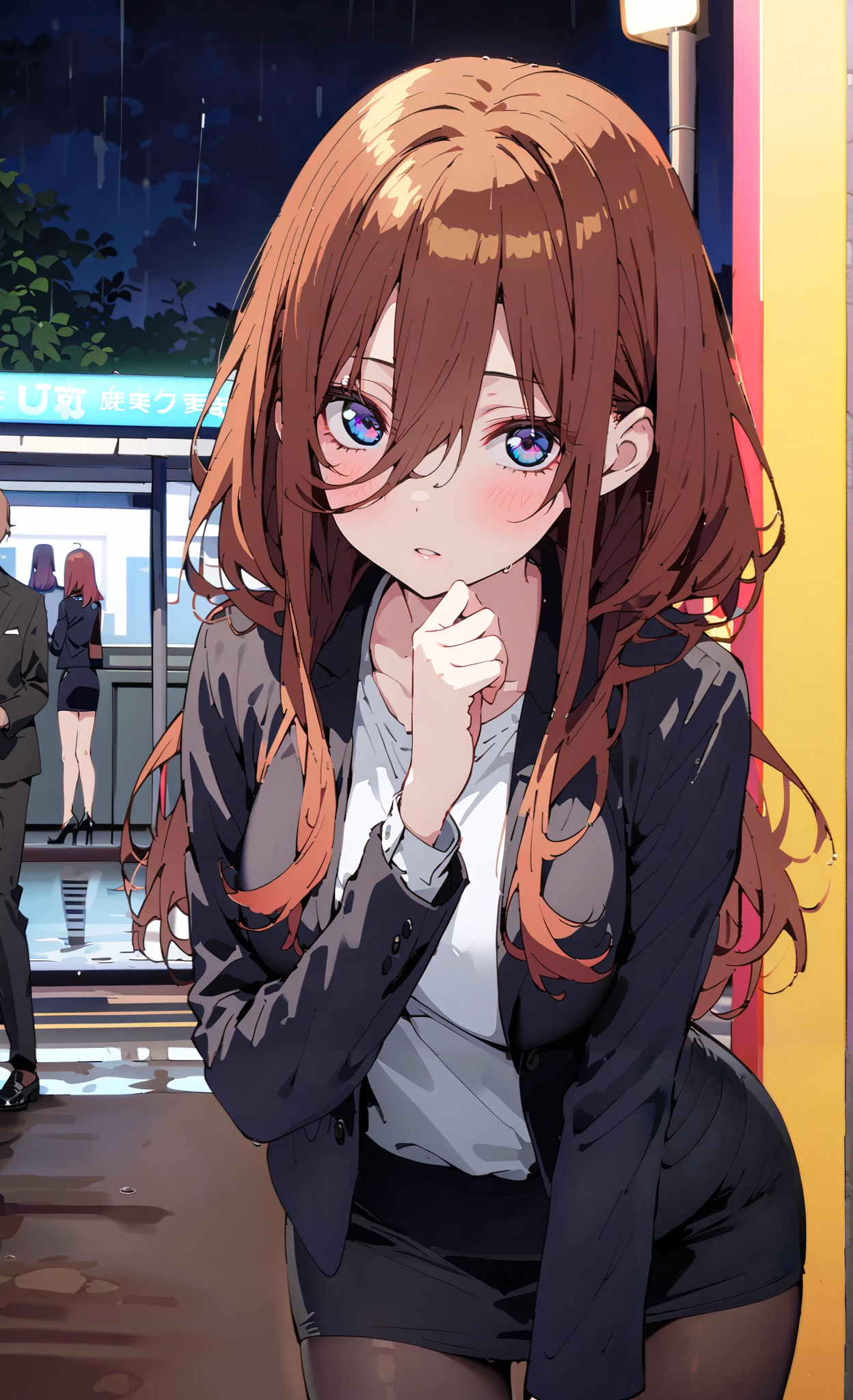 Nakano Future, long hair, bangs, blue eyes, brown hair, long hair, , suit, pencil skirt , jacket, shirt, black pantyhose, pin heels, is standing,屋根のあるbus stopでrain宿りしている,rain,night,building,whole bodyがイラストに入るように, break outdoors,bus stop,
break looking at viewer,whole body,
break ( Masterpiece:1.2), top quality , kampala, Unity 8k Wallpaper,(shape:0.8),( fine, beautiful eyes :1.6),It's a person ,whole body写真,CG Details , ( perfect hand, Complete Anatomy),