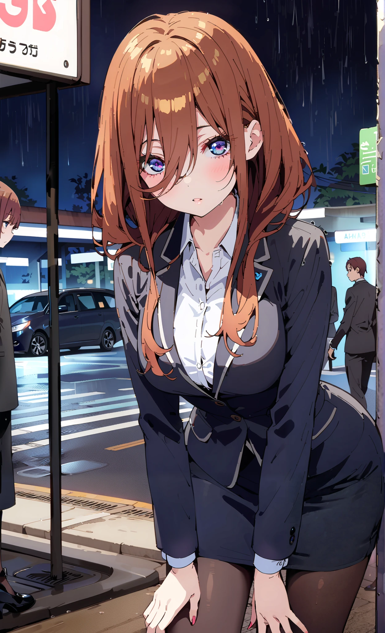  Nakano Future,  long hair, bangs,  blue eyes,  brown hair,  long hair, ,  suit,  pencil skirt ,  jacket,  shirt, black pantyhose, pin heels, is standing,屋根のあるbus stopでrain宿りしている,rain,night,building,whole bodyがイラストに入るように,  break outdoors,bus stop,
break looking at viewer,whole body,
break ( Masterpiece:1.2), top quality , kampala, Unity 8k Wallpaper,(shape:0.8),(  fine, beautiful eyes  :1.6),It's a person ,whole body写真,CG Details , ( perfect hand, Complete Anatomy),