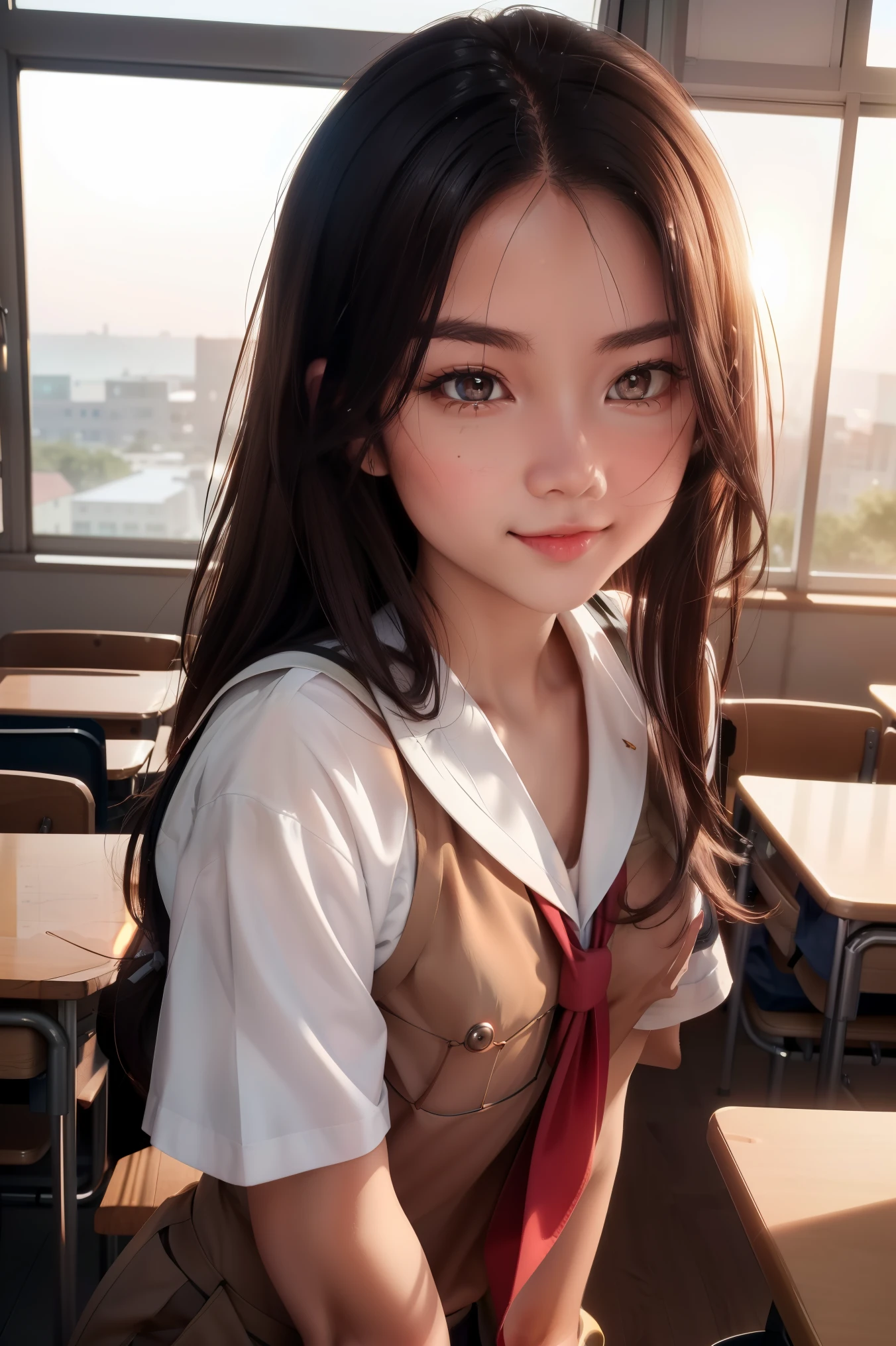 (8k,Photorealistic, masutepiece, Best Quality, Raw photo:1.3)、1girl in, 18years old,Solo,school girl, Long hair, Brown hair, Detailed beautiful face, alluring face, (Detailed beautiful brown eyes:1.2), medium breasts,(underboob:1.0),(coverd :0.99),(loos sailer uniform :1.35), ( Perfect body skinny beauty: 1.4),( temptation Pose:1.3), (Looking at Viewer, front view,eyes focus:1.2), Detailed background, (sunset:1.2), classroom,fine detailed, intricate detailes, Ray tracing, depth of fields, smile,classroom,