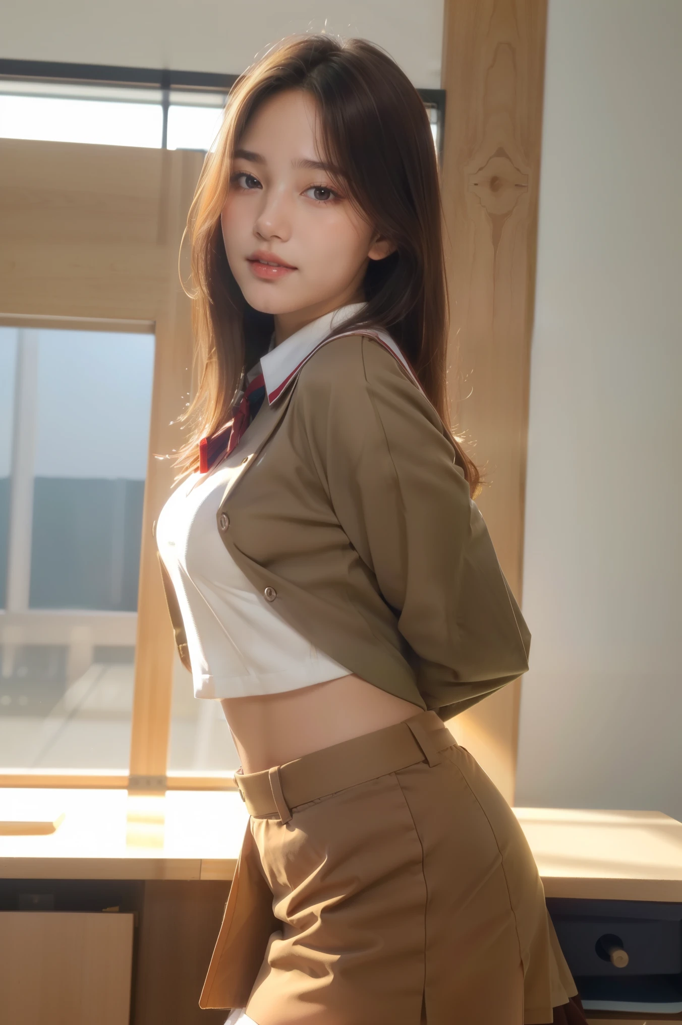 (8k,Photorealistic, masutepiece, Best Quality, Raw photo:1.3)、1girl in, 18years old,Solo,school girl, Long hair, Brown hair, Detailed beautiful face, alluring face, (Detailed beautiful brown eyes:1.2), medium breasts,(underboob:1.0),(coverd nipples:0.99),(loos sailer uniform :1.35), ( Perfect body skinny beauty: 1.4),( temptation Pose:1.3), (Looking at Viewer, front view,eyes focus:1.2), Detailed background, (sunset:1.2), classroom,fine detailed, intricate detailes, Ray tracing, depth of fields, seductive smile,classroom,