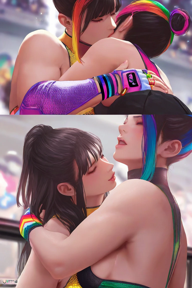 Two female characters in the style of Free Fire with tied hair and a purple blindfold on their eyes, a white long-sleeved top and a gangster sweatshirt and the other character with two tails with a police hat, a white and purple top with long sleeves, a blue school skirt and