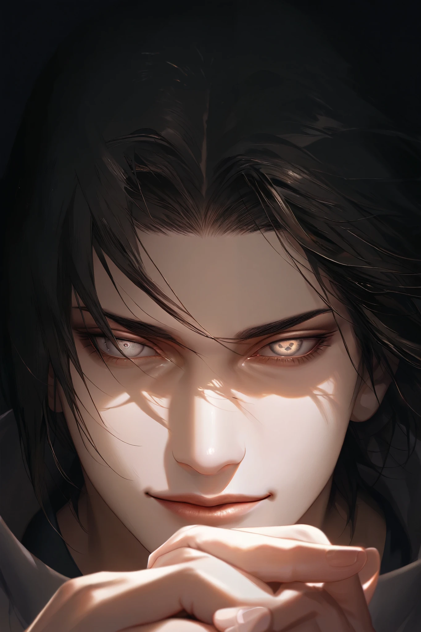 

"Create a highly detailed, realistic image of Itachi Uchiha from the Naruto series. He should be shown in a serene environment, with a gentle smile on his face. His eyes should be calm and peaceful, with a hint of sadness. He should be placing his finger on Sasuke's forehead, as if imparting a final lesson or blessing. Itachi's face should be pale and gaunt, with a subtle hint of exhaustion and weariness. The image should be rendered in a muted color palette, with soft lighting and subtle shadows. Focus on capturing the emotional depth and complexity of Itachi's character in this poignant moment."

