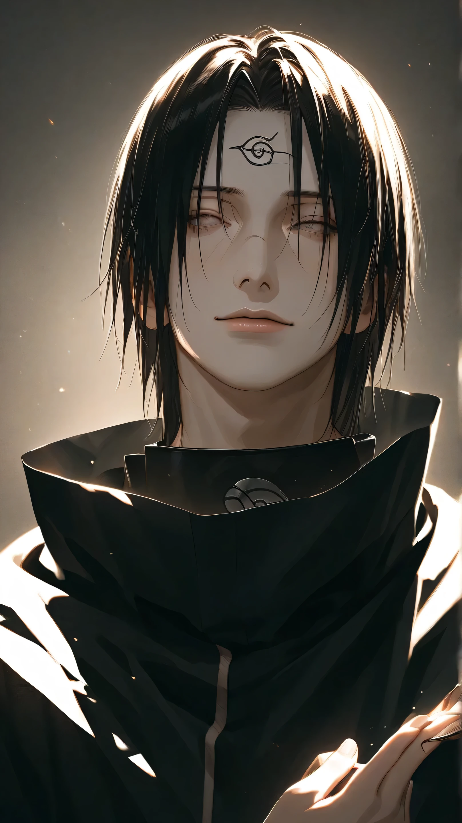 

"Create a highly detailed, realistic image of Itachi Uchiha from the Naruto series. He should be shown in a serene environment, with a gentle smile on his face. His eyes should be calm and peaceful, with a hint of sadness. He should be placing his finger on Sasuke's forehead, as if imparting a final lesson or blessing. Itachi's face should be pale and gaunt, with a subtle hint of exhaustion and weariness. The image should be rendered in a muted color palette, with soft lighting and subtle shadows. Focus on capturing the emotional depth and complexity of Itachi's character in this poignant moment."

