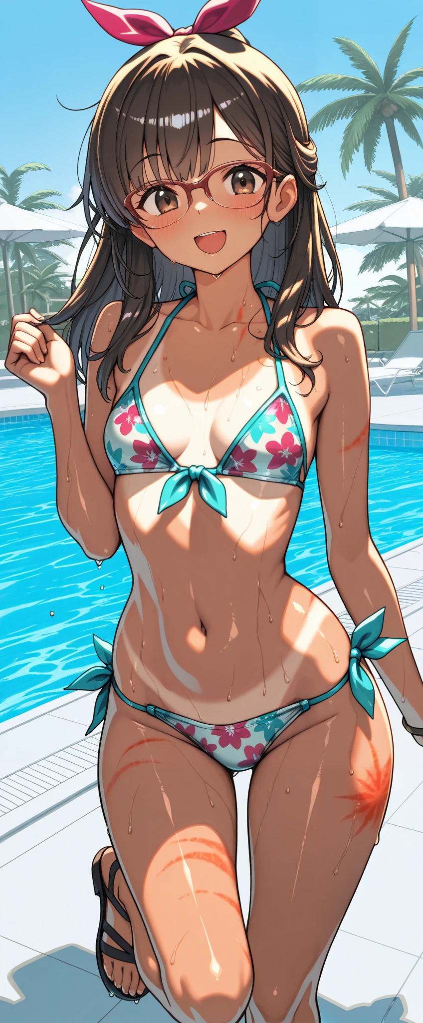 ( masterpiece), top quality, , perfect face, 1 girl,dawn,, Tiny Breasts , wide hips, thin waist, ( sexy girl), Multi Colored Bikinis , sexy bikini, With ribbon,Patterned Swimsuit , salon, Heeled Sandals, good_feet, blushing ,smile,Swimsuit model, is standing, feetを開いて, wet, wet body, excited, posing for the camera , beach resort , Pool Party , poolside, coming out of the pool , palm trees, cowboy shooting, sunburn marks,Glasses