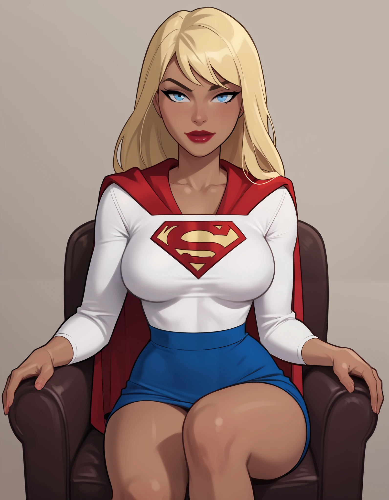 sits in a sexy pose tied to a chair, background: basement ponyXLV6_Results PERFORMANCE ((parody), perfect anatomy, with perfect eyes PERFORMANCE: Kara Zor-el, long hair, blonde, blue eyes, dark-skinned woman, lipstick, red lips, Flirting, raised eyebrow, , ((looking at viewer)), superhero, , white shirt, long sleeves, waist, red cape, blue miniskirt, large breasts, curvy, toned, athletic, seductive pose, sitting in a sexy pose tied to a chair, background: basement