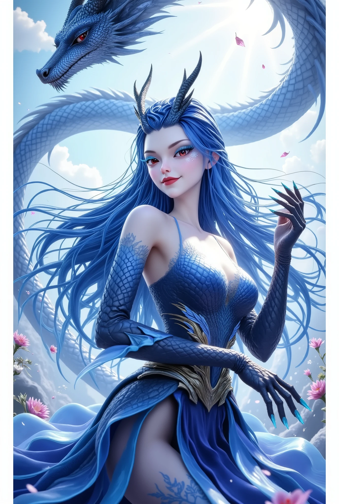 Noble and Elegant Dragon Princess,She will freeze magic, red eyes,Blue eyelashes,Dragon Horn。Prefer blue clothes。Dragon in the air。crystal darts,Examples of luminescence, ray tracing,Motion Capture。 Disney-style ,IG Model,Blue Elf, Detailed Fantasy Art , Fantasy Art Style, Intricate Fantastic Digital Art
