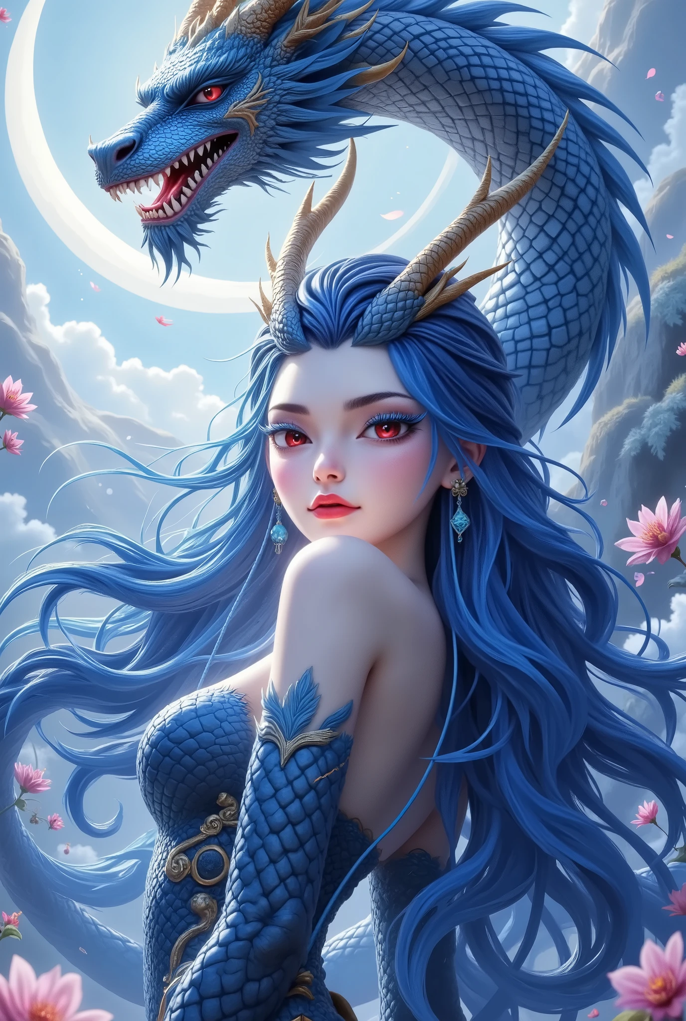 Beautiful dragon girl, red eyes,Blue eyelashes, red lips,Smile, long hair,Dragon Horn。moon,Flying dragon