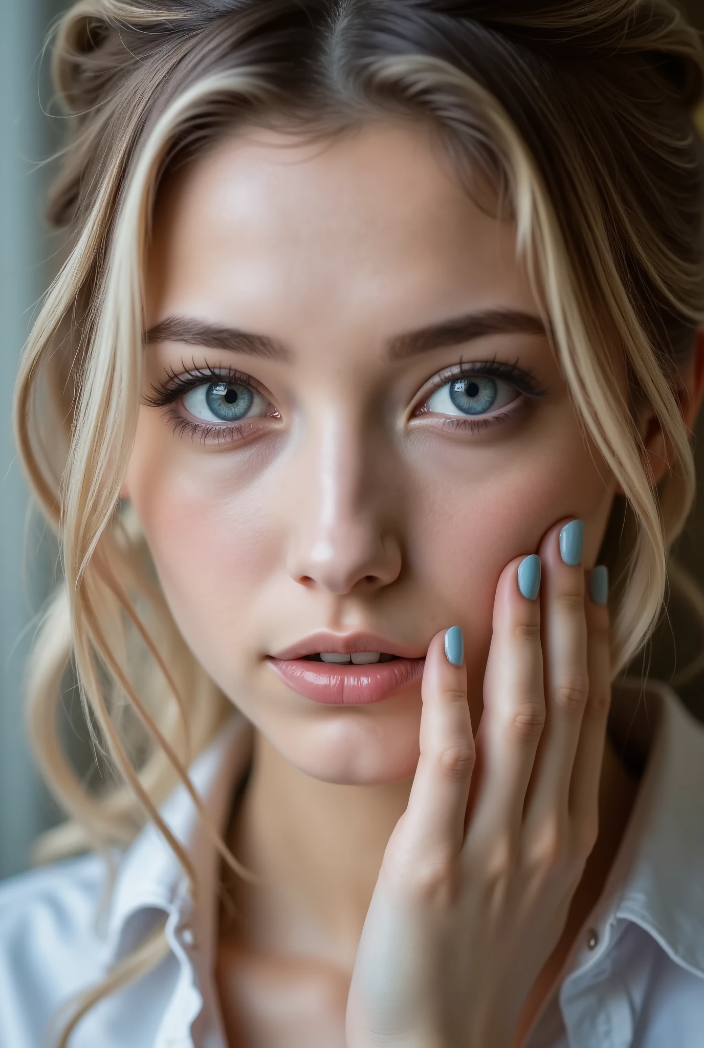 Close-up of a young woman with blue eyes and blonde hair styled back. She looks directly at the camera with an intense gaze. Her right hand touches her face, fingers spread slightly on her cheek and lips, with light blue nail polish. The background is softly blurred, emphasizing her facial features.