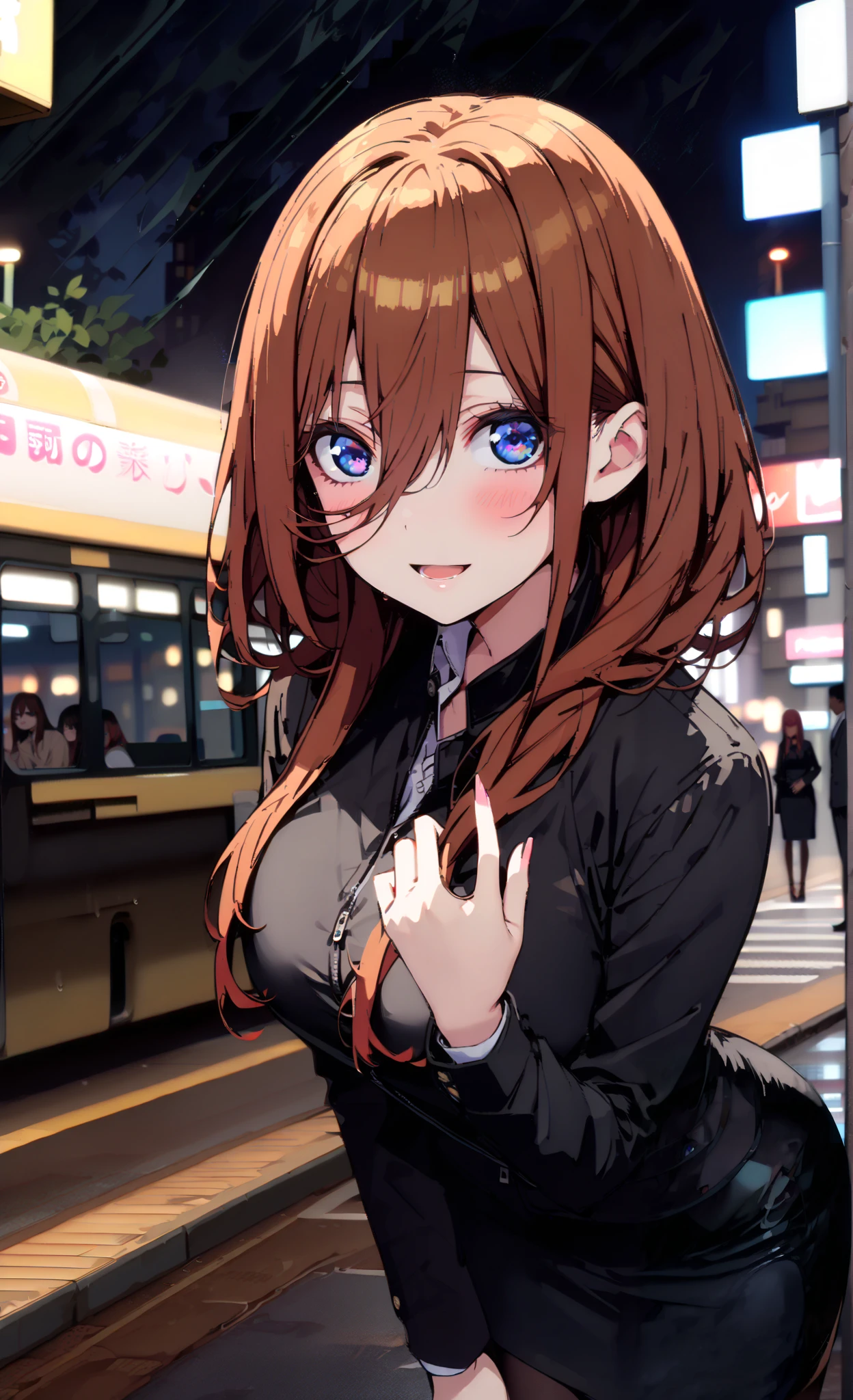 Nakano Future, long hair, bangs, blue eyes, brown hair, long hair, , suit, pencil skirt , jacket, smile,blush, open your mouth, shirt, black pantyhose, pin heels, is standing,屋根のあるbus stopでrain宿りしている,rain,night,building,whole bodyがイラストに入るように, break outdoors,bus stop,
break looking at viewer,whole body,
break ( Masterpiece:1.2), top quality , kampala, Unity 8k Wallpaper,(shape:0.8),( fine, beautiful eyes :1.6),It's a person ,whole body写真,CG Details , ( perfect hand, Complete Anatomy),