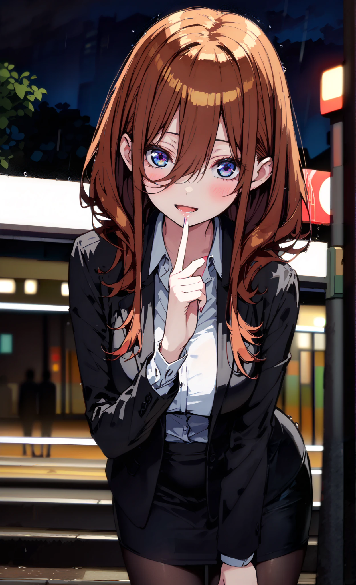  Nakano Future,  long hair, bangs,  blue eyes,  brown hair,  long hair, ,  suit,  pencil skirt ,  jacket, smile,blush, open your mouth, shirt, black pantyhose, pin heels, is standing,屋根のあるbus stopでrain宿りしている,rain,night,building,whole bodyがイラストに入るように,  break outdoors,bus stop,
break looking at viewer,whole body,
break ( Masterpiece:1.2), top quality , kampala, Unity 8k Wallpaper,(shape:0.8),(  fine, beautiful eyes  :1.6),It's a person ,whole body写真,CG Details , ( perfect hand, Complete Anatomy),