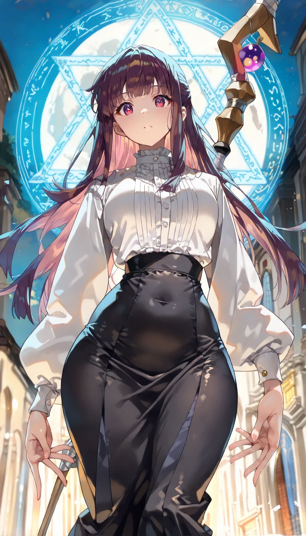  score_9,  score_8_ up,  score_7_ up,  score_6_ up,  score_5_ up,  score_4_ up, Source: Anime , break,
nurefpnxl , Fern  \( oh so Freelen\),  staff retention,  full moon,  backlight,(Masterpiece, best quality , more details, 8k, 4K, hi res, ridiculous :1.3), ( Detailed Textured Lighting , detail surface lighting for viewers ), [  PASTEL Color ] [ Calm Colors ] [ Anime Screen Cap ] [  photorealistic] A 3D character model,perfect proportions, beautiful body,medium breasts,wide hips, wands、( real magic circle with good style)、(((Cast a spell)))、Zoltrak 、A plump 、