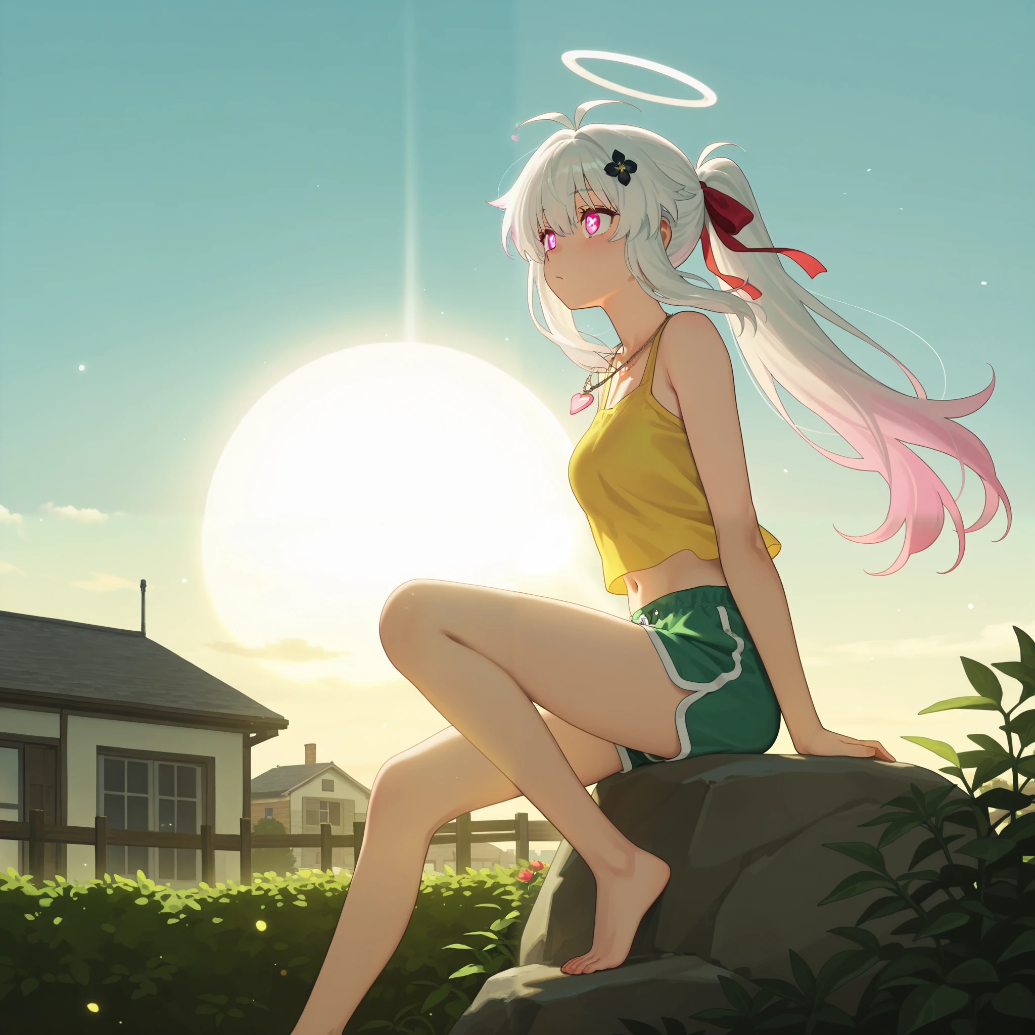 masterpiece, best quality, very aesthetic, awa, absurdres, Sakamoto Days, anime screencap, anime studio, hdr, 1girl, solo, slender, white halo, glowing halo, ahoge, outdoors, sun, blue sky, plants, morning, house, house fence, Home Page, flower plant, rose flower, from side, side view, full body, dynamic pose, looking ahead,sunbathe, calm expression, sitting on stone, pink eyes, symbol-shaped pupils, heart shaped pupils, hair flaps, hair between eyes, long hair, ponytail, hair ribbon, red ribbon, white hair, multicolored hair, pink tips hair, bow hair ornament, red bow, ornament, messy hair, glowing hair, bangs, heart necklace, yellow tank top, navel, dolphin shorts, green shorts , barefoot, volumetric lighting, sunlight, godrays, soft focus, light particles, wind, calm atmosphere,
