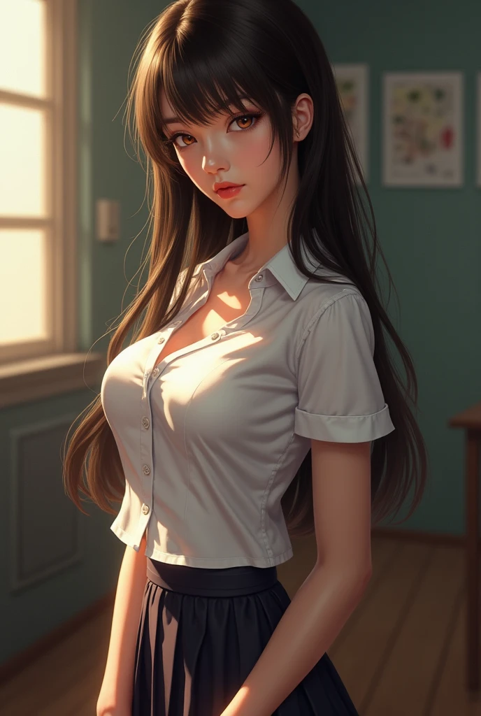 Dreadlocks hair woman, dark blue hair, sexy school teacher in a classroom, red lips, black skirt, dressed like Lara Croft, wide shot, --style realistic-imagine --auto --s2-imagine