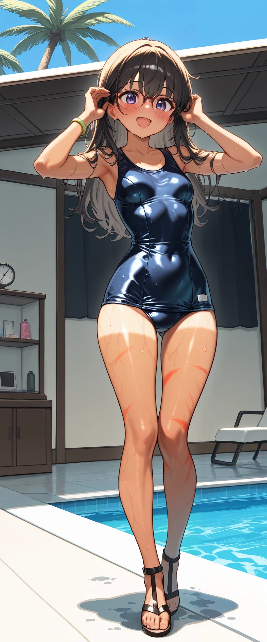 ( masterpiece), top quality, , perfect face, 1 girl,dawn,, Tiny Breasts , wide hips, thin waist, ( sexy girl), school swimsuit, salon, Heeled Sandals, good_feet, blushing ,smile,Swimsuit model, is standing, feetを開いて, wet, wet body, excited, posing for the camera , beach resort , Pool Party , poolside, coming out of the pool , palm trees, cowboy shooting, sunburn marks,Glasses