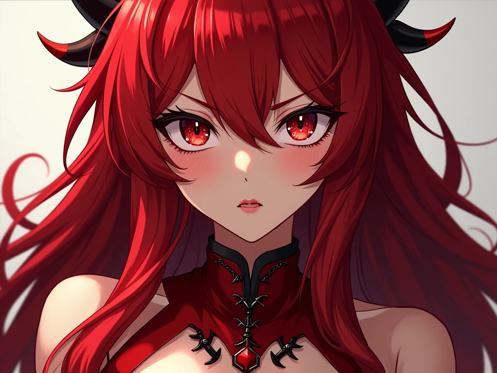 A girl with red hair and red eyes wearing a Revealing female armor set with a red cape in a castle background as a close up face pic of her