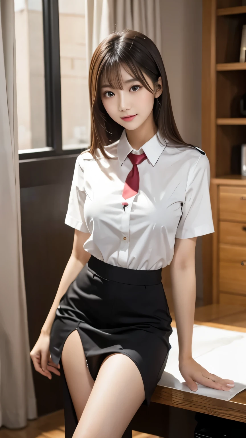 (Ultra HD), (School uniform with short sleeves, White collared shirt, Black Skirt), (Big Breasts:1.5), Cleavage, (Slimness:1.8), whole body, (Clean and shiny skin, Whitening, No makeup), (Super slender face, Super beautiful face, Delicate face), (long hair, Layered Cut, Fluffy hair,light brown), (Patchy double eyelids, Slanted Eyes), Small Nose, Thin lips, Thin legs, lecture hall