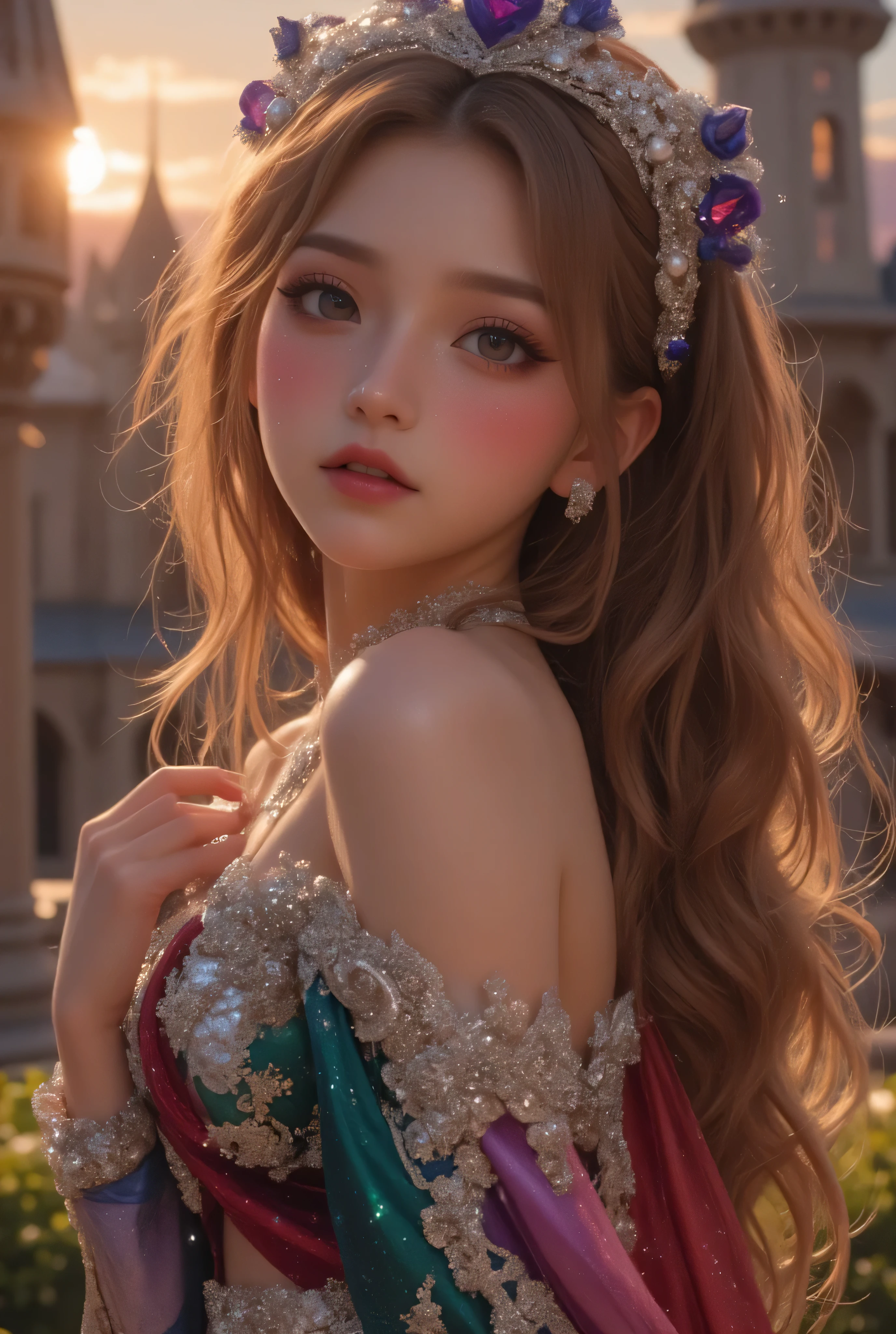 lors, deep contrast, super real, pink lipstick, lovely atmosphere, cinematic composition, close-up of face. She is wearing a breathtakingly opulent princess dress with flowing, multi-layered fabrics in a mesmerizing blend of royal blue, deep crimson, emerald green, and shimmering violet, creating a dazzling gradient effect. The dress is adorned with intricate golden and silver embroidery, forming delicate floral and celestial patterns, intertwined with radiant, sparkling gems in shades of sapphire, ruby, emerald, and amethyst. The off-shoulder design is enhanced with sheer, shimmering fabrics that drape elegantly, catching the light like woven stardust. Her bodice is encrusted with fine jewel embellishments, and a beautifully detailed silver and gold belt cinches her waist, adding to the regal elegance. She also wears a dazzling gemstone necklace, a delicate tiara of intertwined silver and gold adorned with pearls and precious stones, and an exquisite matching bracelet.

She stands gracefully in front of a magnificent castle with towering spires, intricate stonework, and glowing stained-glass windows that cast a kaleidoscope of colors onto the grand courtyard. The castle is bathed in the golden light of a setting sun, with the sky painted in warm hues of orange, pink, and purple. Ethereal sparkles fill the air, adding a magical glow to the scene. Her expression is serene, confident, and regal, exuding the grace and charm of a true fairy-tale princess in a fantastical, enchanted world.