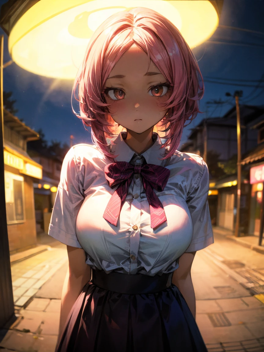 Night Park、high school girl、I'm surprised with my mouth open、Flustered expression、、Large Breasts、Black bob hair、hairpin、Skirt flipped up by the wind、I hastily hold down the back of my skirt、Pink string buns、You can see through the crack of the buttocks、Onlookers near the girl、Angle from directly below、Shooting from behind、Back view、Penis near the asan Next Door