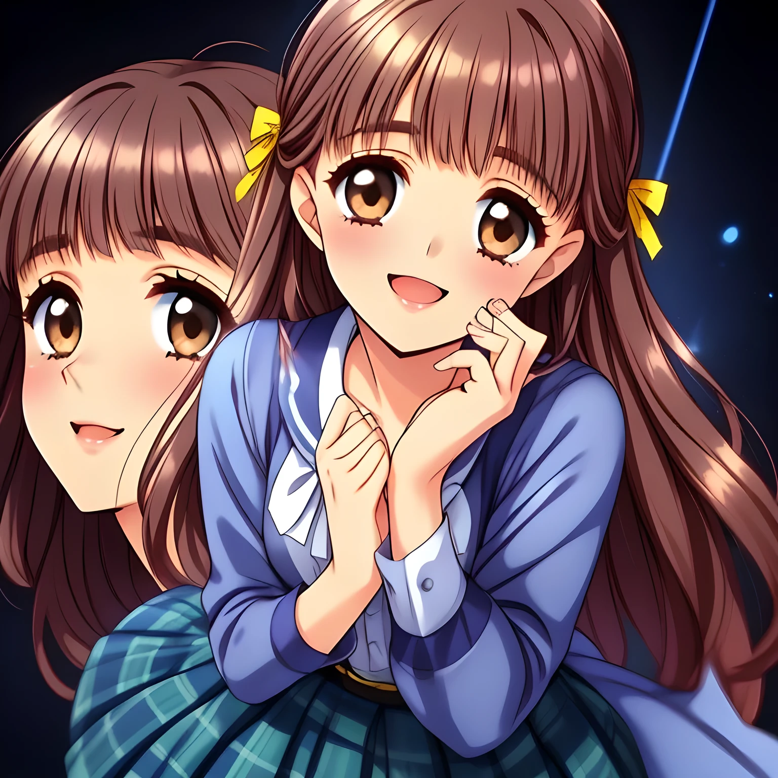 (highest quality, masterpiece:1.2), highest quality, High resolution, 1080p, 8K, (A yo beautiful pretty fashion model succubus, most beloved girl in the school, (intelligent and perfect slender body), too flattering smile, amazingly neat & clean, in peace and neat lovely strong charm, (face up), tilted head: 1.8), (Too noble beautiful lady like a love-story comic heroine), (laugh in bliss), (Whispering the viewer's subliminal desire secretly to hypnotize the viewer), A very lovely, very noble, pretty and pure beautiful girls. ((Bursting out Laughing very elegantly)), ((white face)), Using expensive whitening cosmetics by cosmetics artist: 1.2), A white face that everyone loves, Glossy lips, shorter even (curled) bangs, (Too beautiful blue fascinating shiny (double-lidded) (brown eyes) with love to the viewer, ((deep upper girly eyelid)), with detailed clearly (like girlish comics beautiful lovely heroine): 1.5), ((Black long Hair)), ((long amazingly beautiful (wavy) long hair: 1.5)), (Sailor-style school uniform, Neat smart (yellow blouse)): 1.5), (A long, very neat, (tartan-checkered pleated blue skirt with belt): 1.2), (too pretty shiny light-yellow realistic school ribbon): 1.5), (Extremely lustrous, shiny game heroine lips, laughing open mouth: 0.8), (Ribbon in (black hair), The ribbon is big and very pretty, Beautiful black wavy hair like a hair model), (Tight waist, slender like a beautiful fashion model: 1.5), (The background is (plain black space with lovely heart stars) to emphasize her fascination: 1.8), (The lady knows well about the viewer's super fetishism for school uniforms, inviting the viewer into uniform dream of succubus, and satisfies it completely with her hands and skirts and (laughter giving extreme pleasure) deeply (in the viewer's clear lewd dream): 1.7), (beautiful expensive gorgeous atmosphere which the viewer can't stop being lustful: 1.5), (take a shot from the skirt)