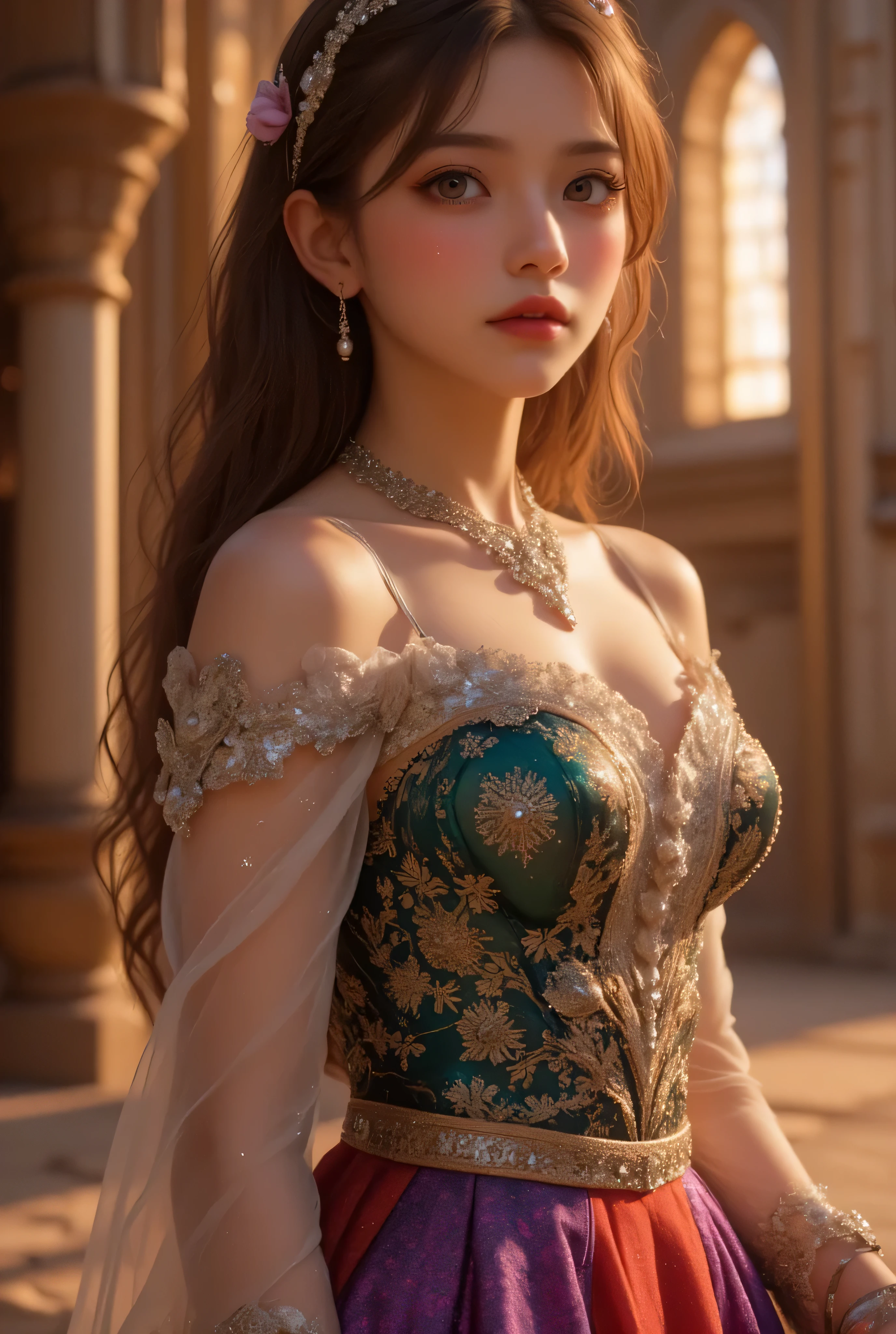 lors, deep contrast, super real, pink lipstick, warm atmosphere, cinematic composition, close-up of face. She is wearing a breathtakingly opulent princess dress with flowing, multi-layered fabrics in a mesmerizing blend of royal blue, deep crimson, emerald green, and shimmering violet, creating a dazzling gradient effect. The dress is adorned with intricate golden and silver embroidery, forming delicate floral and celestial patterns, intertwined with radiant, sparkling gems in shades of sapphire, ruby, emerald, and amethyst. The off-shoulder design is enhanced with sheer, shimmering fabrics that drape elegantly, catching the light like woven stardust. Her bodice is encrusted with fine jewel embellishments, and a beautifully detailed silver and gold belt cinches her waist, adding to the regal elegance. She also wears a dazzling gemstone necklace, a delicate tiara of intertwined silver and gold adorned with pearls and precious stones, and an exquisite matching bracelet.
She stands gracefully in front of a magnificent castle with towering spires, intricate stonework, and glowing stained-glass windows that cast a kaleidoscope of colors onto the grand courtyard. The castle is bathed in the golden light of a setting sun, with the sky painted in warm hues of orange, pink, and purple. Ethereal sparkles fill the air, adding a magical glow to the scene. Her expression is serene, confident, and regal, exuding the grace and charm of a true fairy-tale princess in a fantastical, enchanted world.